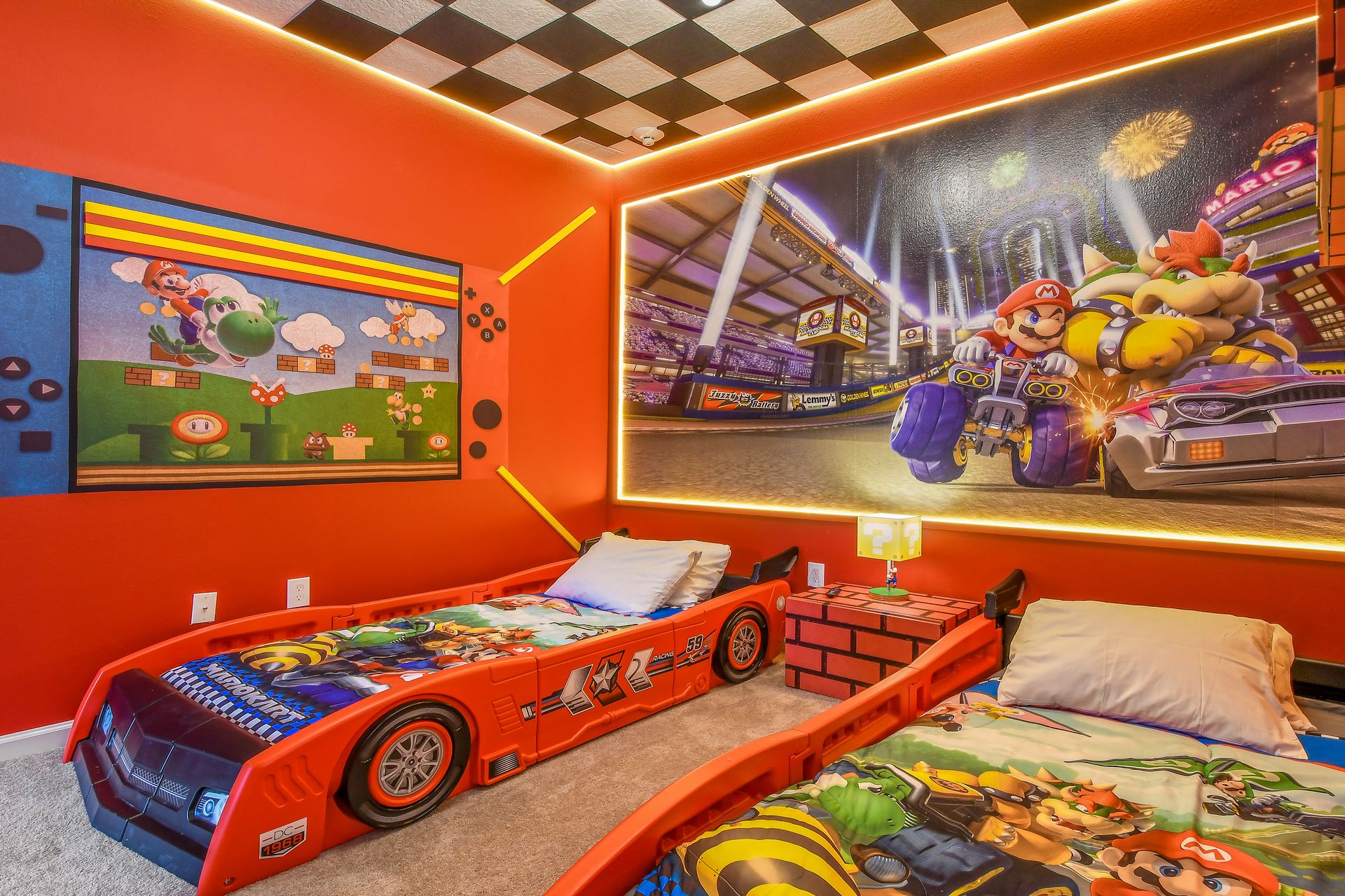 Race time! Mario Kart room with two single beds. Ready, set, go.