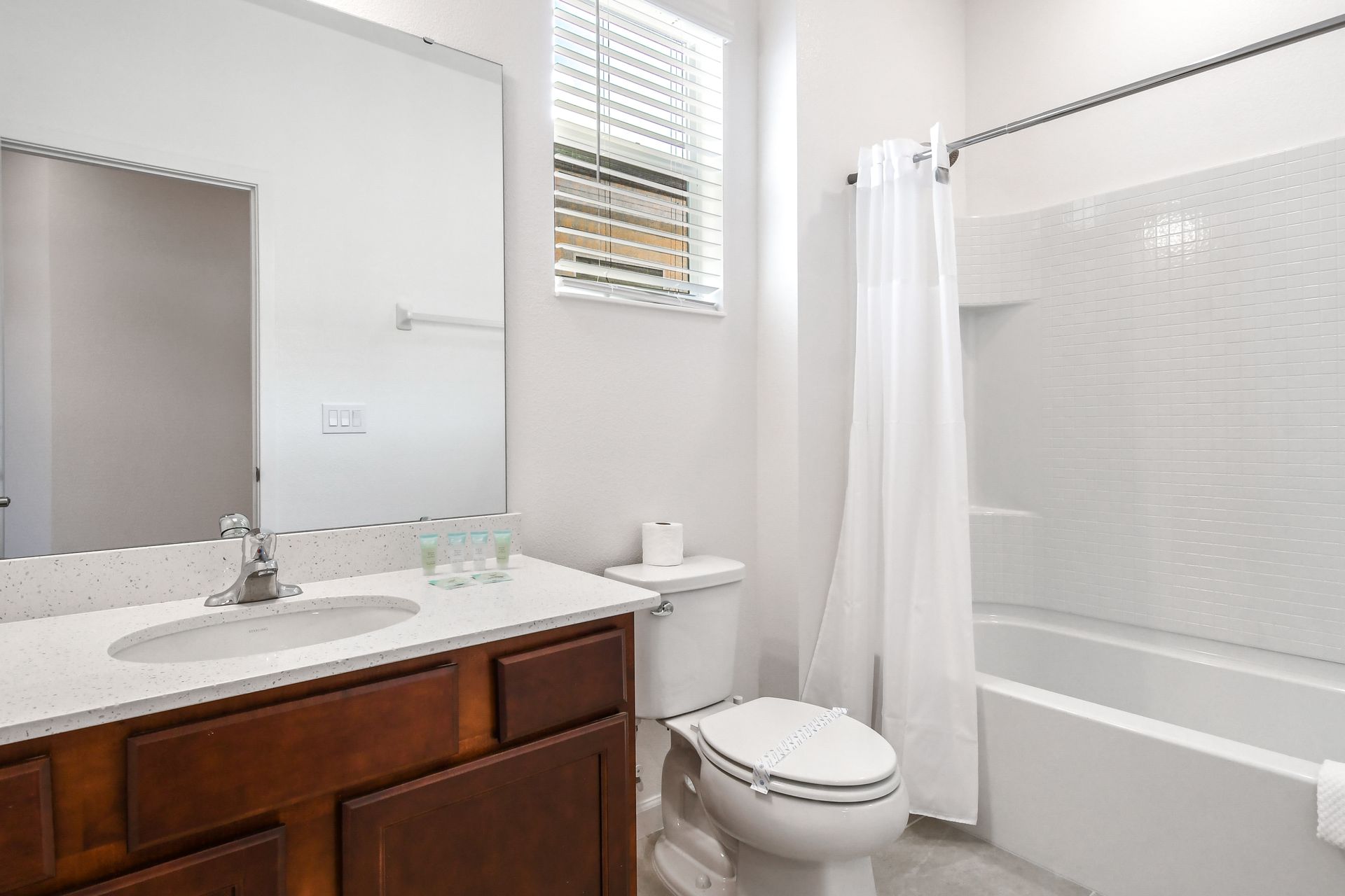 Bright bathroom with natural light, a tiled shower/tub combo, and a sleek vanity.