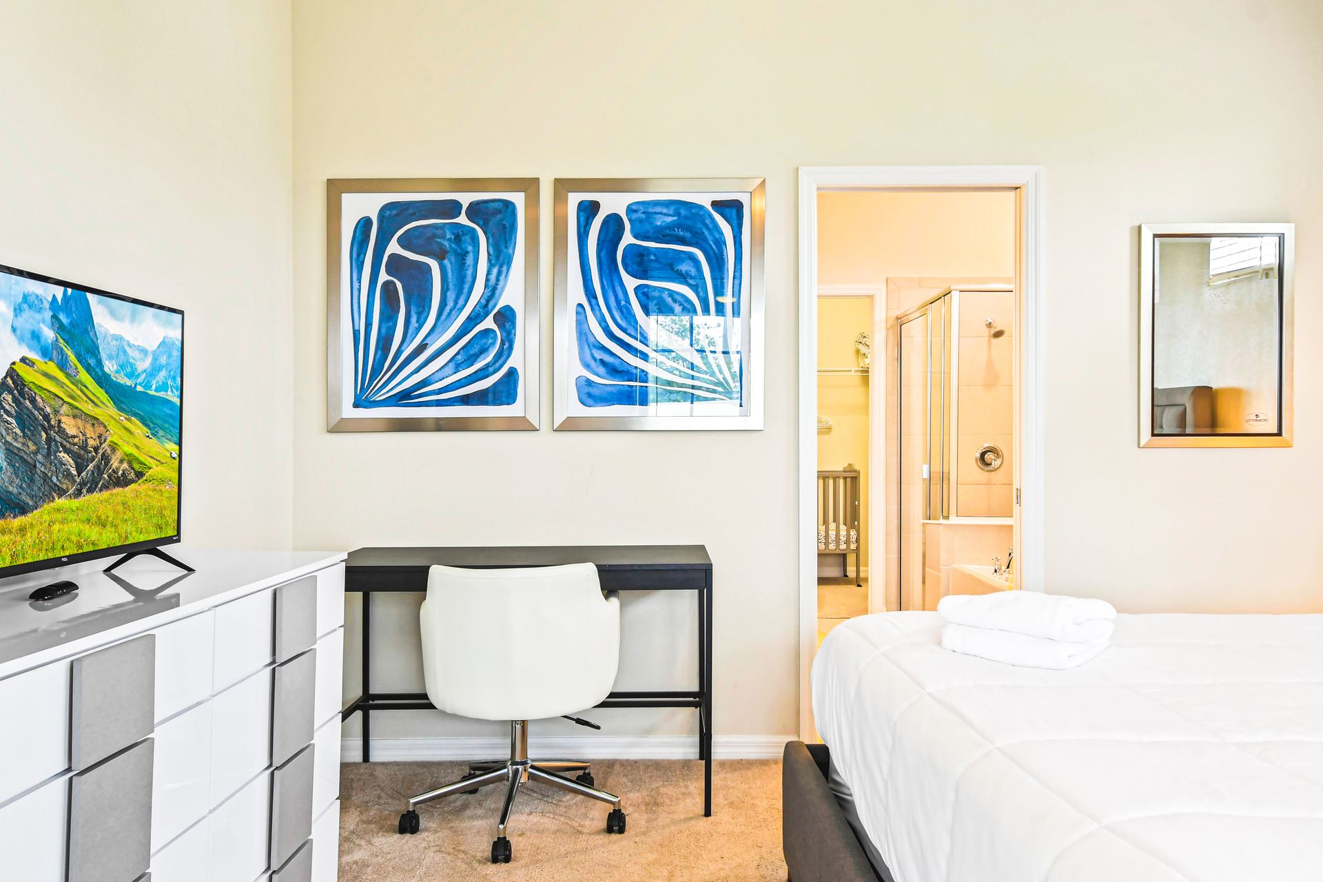 Unwind in our serene bedroom, offering you a tranquil oasis to relax and recharge.