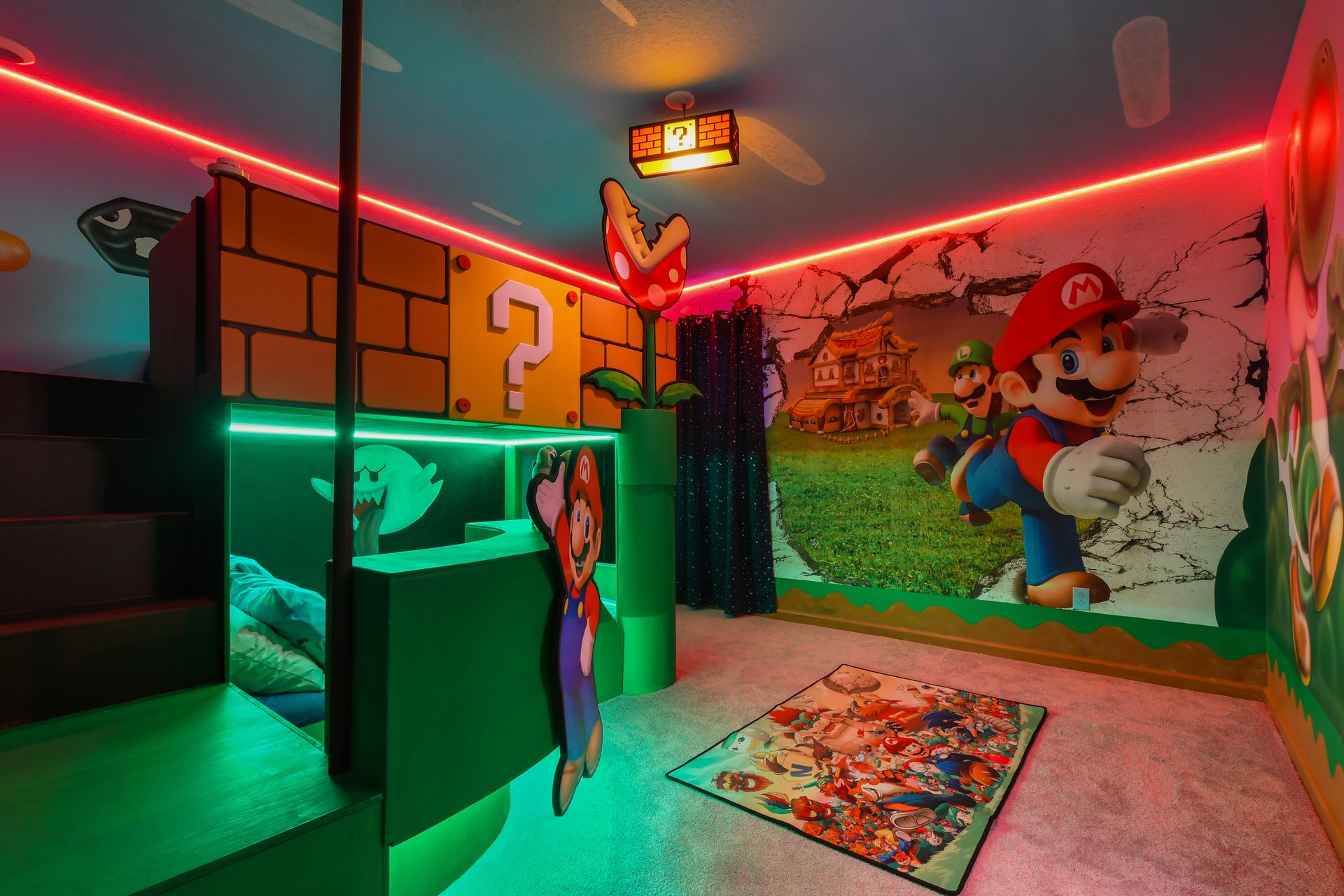 Level up in this Super Mario-themed room with custom beds and glowing lights.
