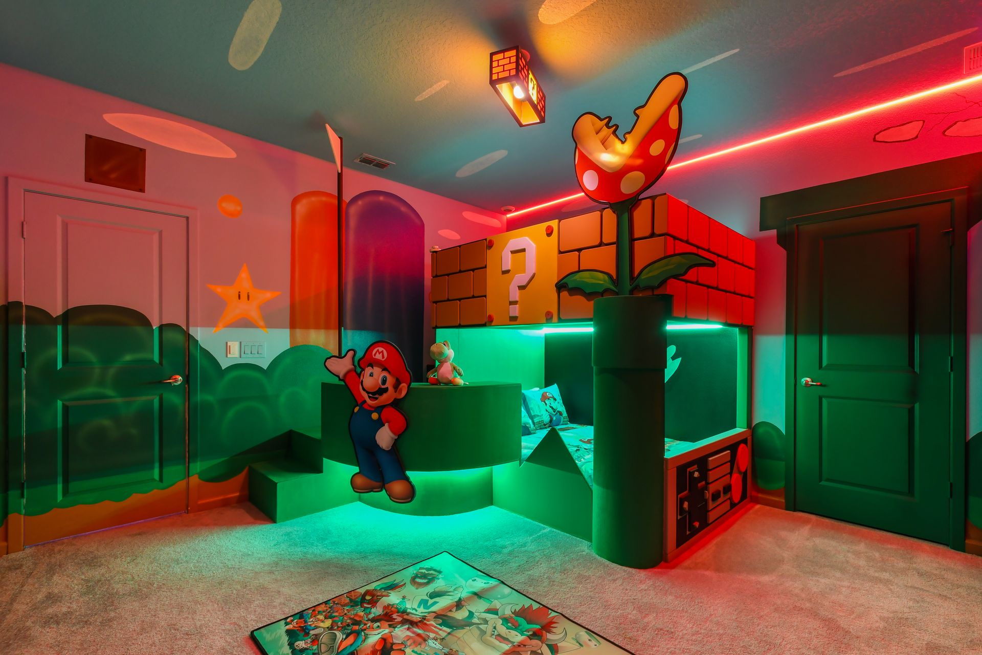 Level up in this Super Mario-themed room with custom beds and glowing lights.
