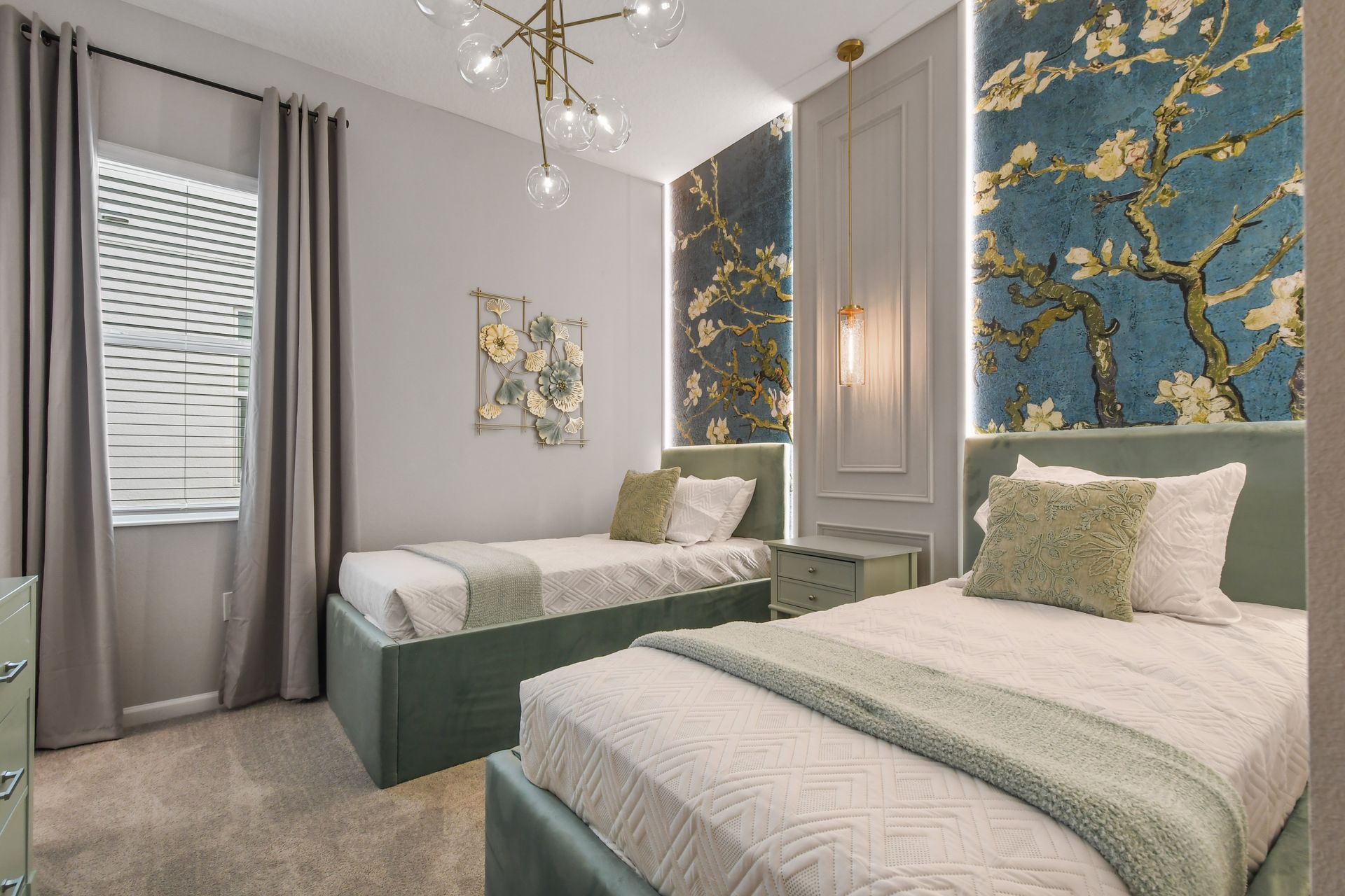 Elegant bedroom with floral accents, soft tones, and stylish lighting for comfort.