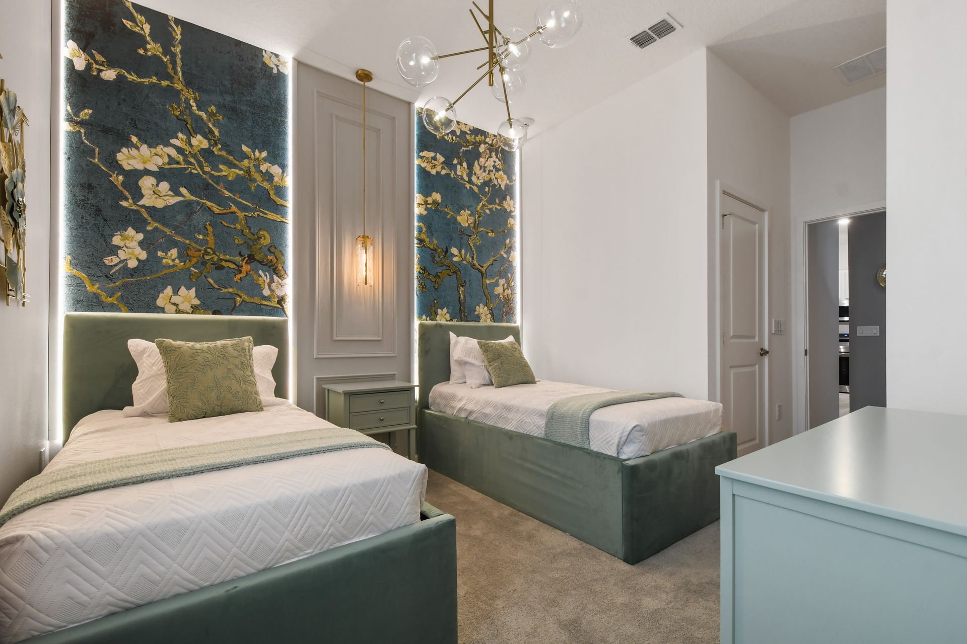 Elegant bedroom with floral accents, soft tones, and stylish lighting for comfort.