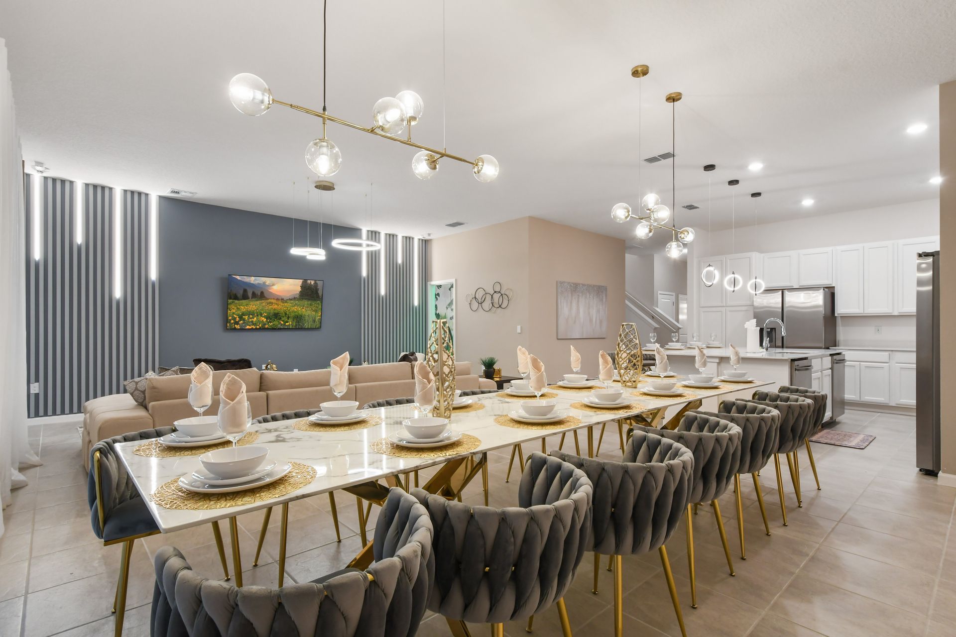 Luxury modern home with elegant dining, sleek kitchen, and stylish decor
