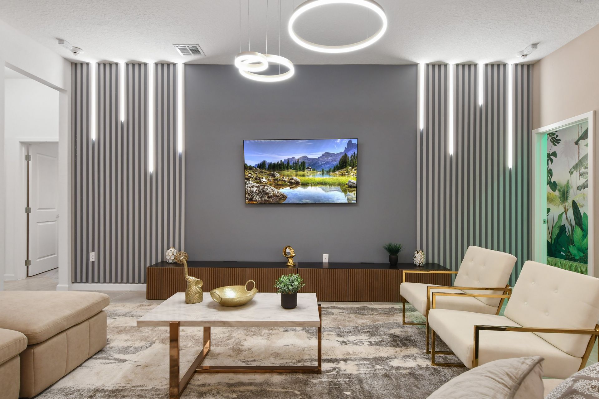 Sleek modern lounge with designer lighting, plush seating, and serene style
