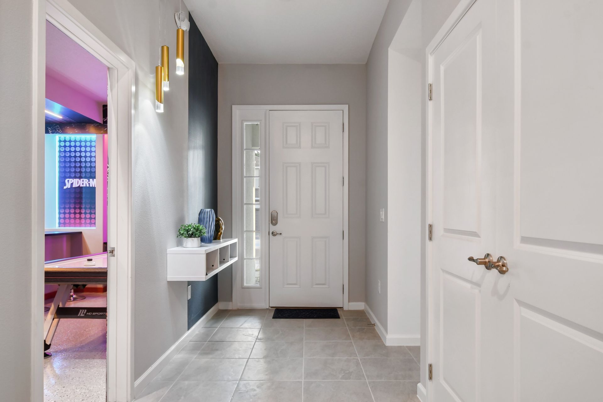 Welcoming entryway with sleek lighting and modern decor accents.
