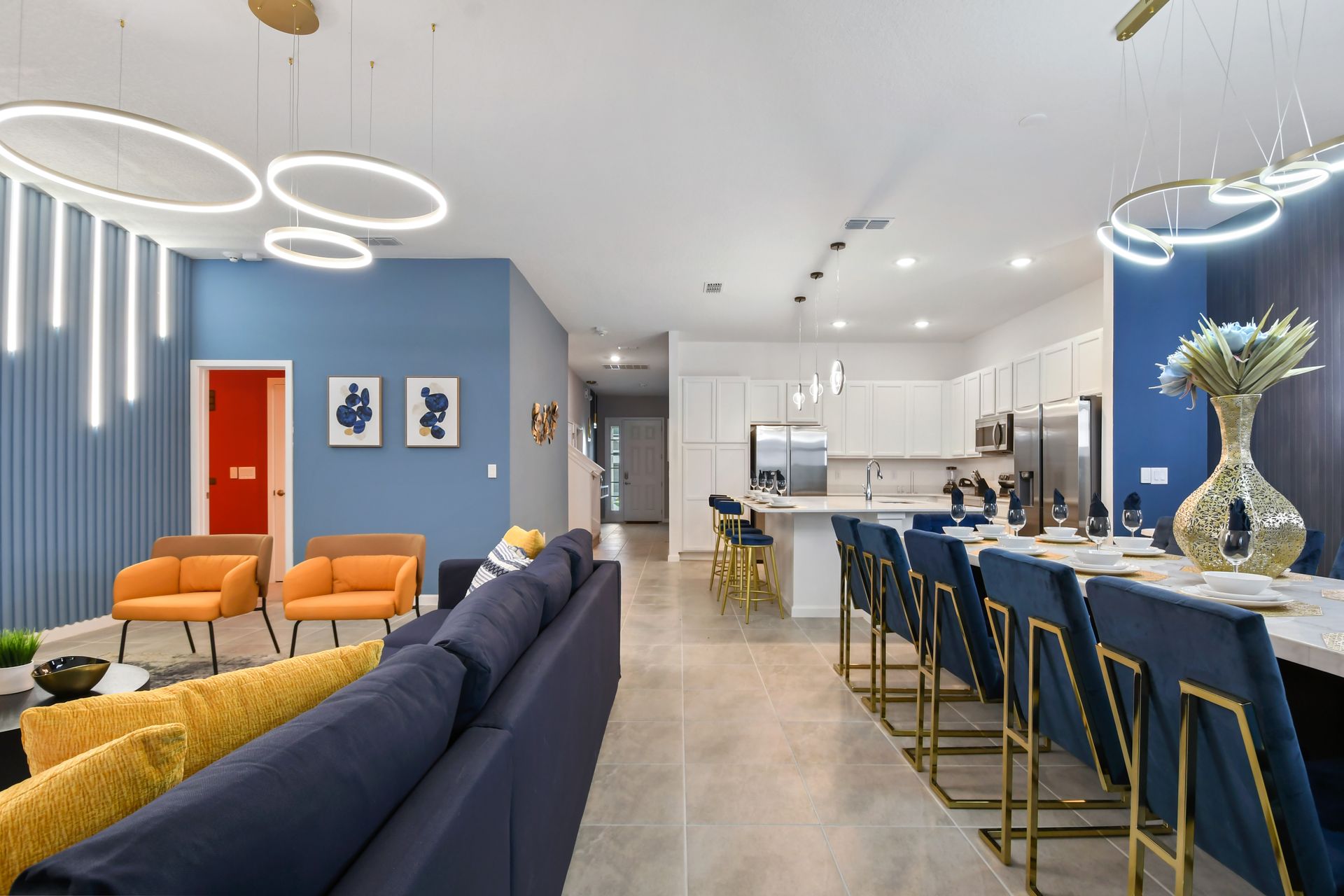 Luxurious open-plan kitchen and dining area with elegant seating—host in style!