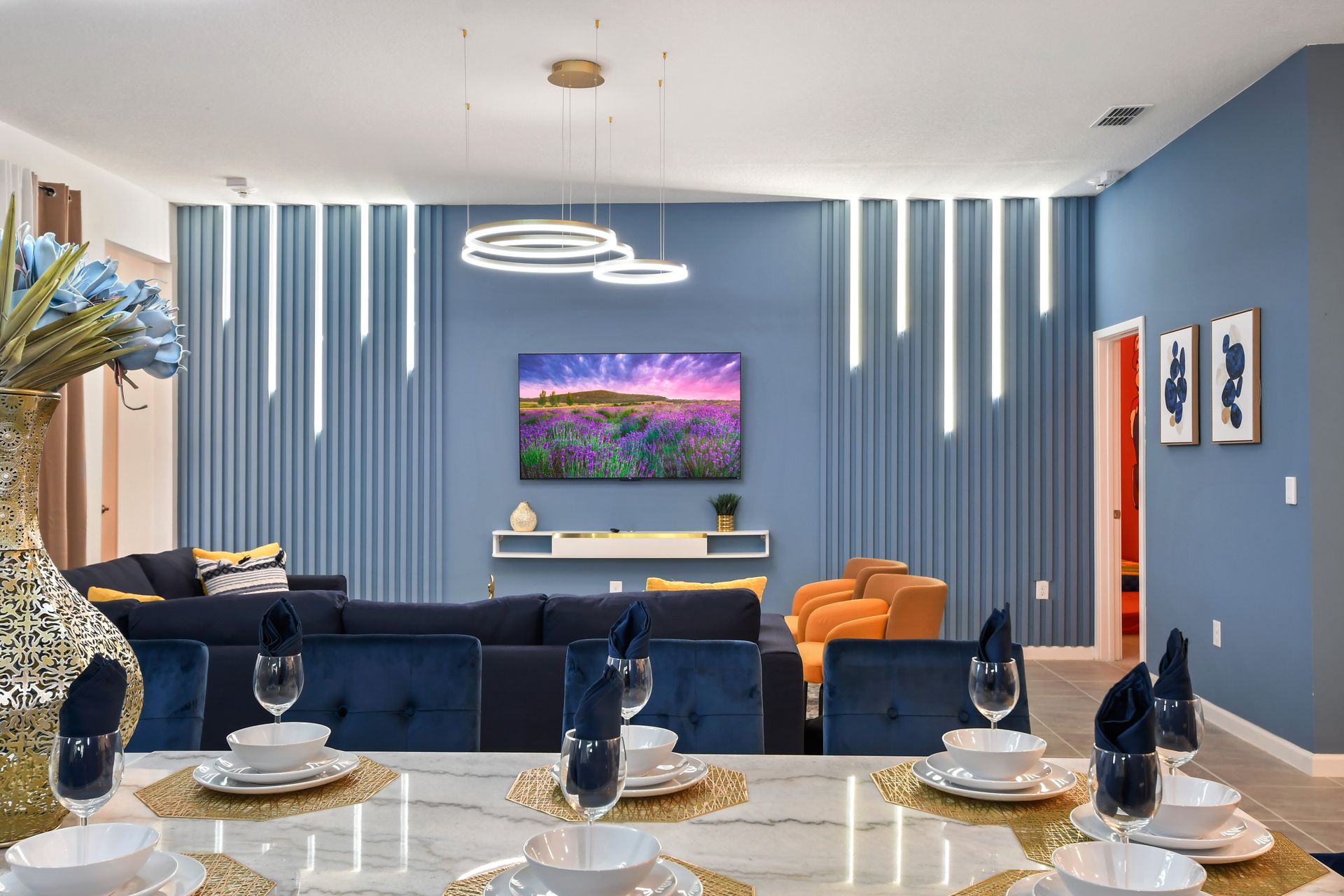 Sophisticated dining and living space with modern accents—dine and relax in style!