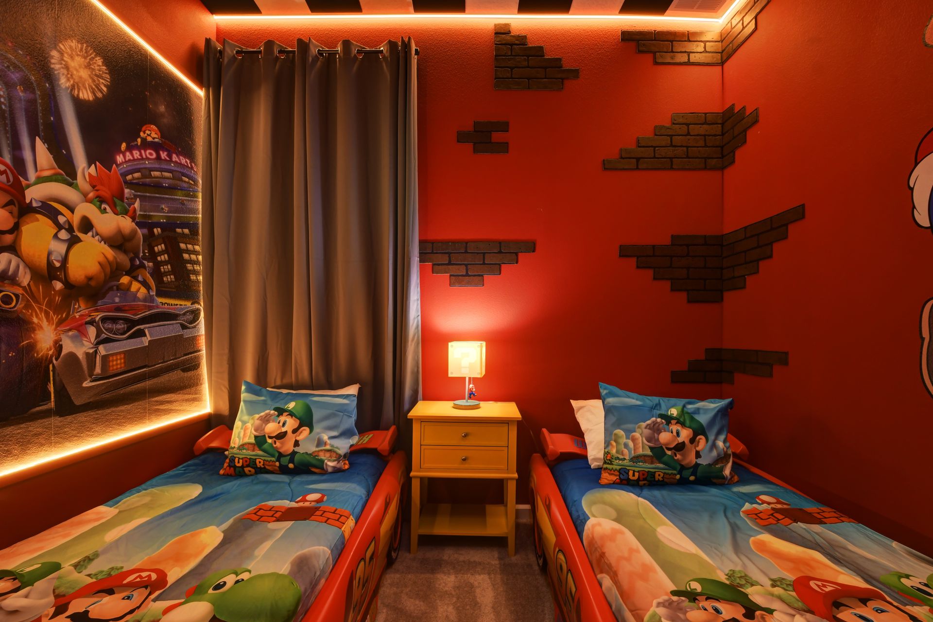 Modern bedroom with plush decor, gold accents, and soft lighting—rest in luxury