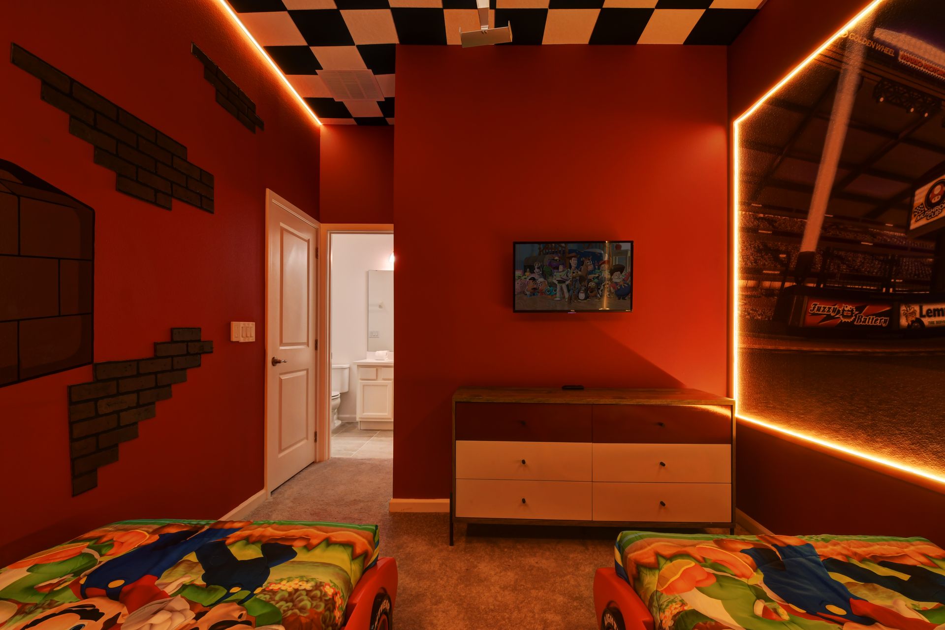 Modern bedroom with plush decor, gold accents, and soft lighting—rest in luxury