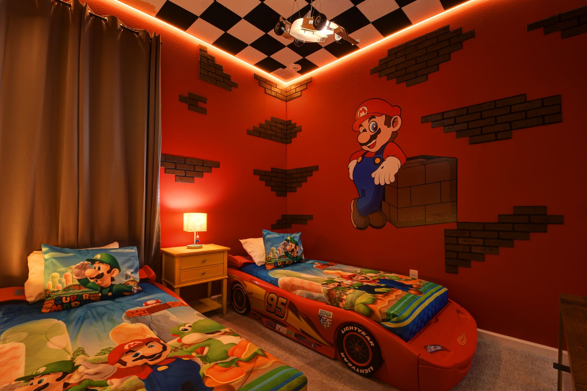 Modern bedroom with plush decor, gold accents, and soft lighting—rest in luxury