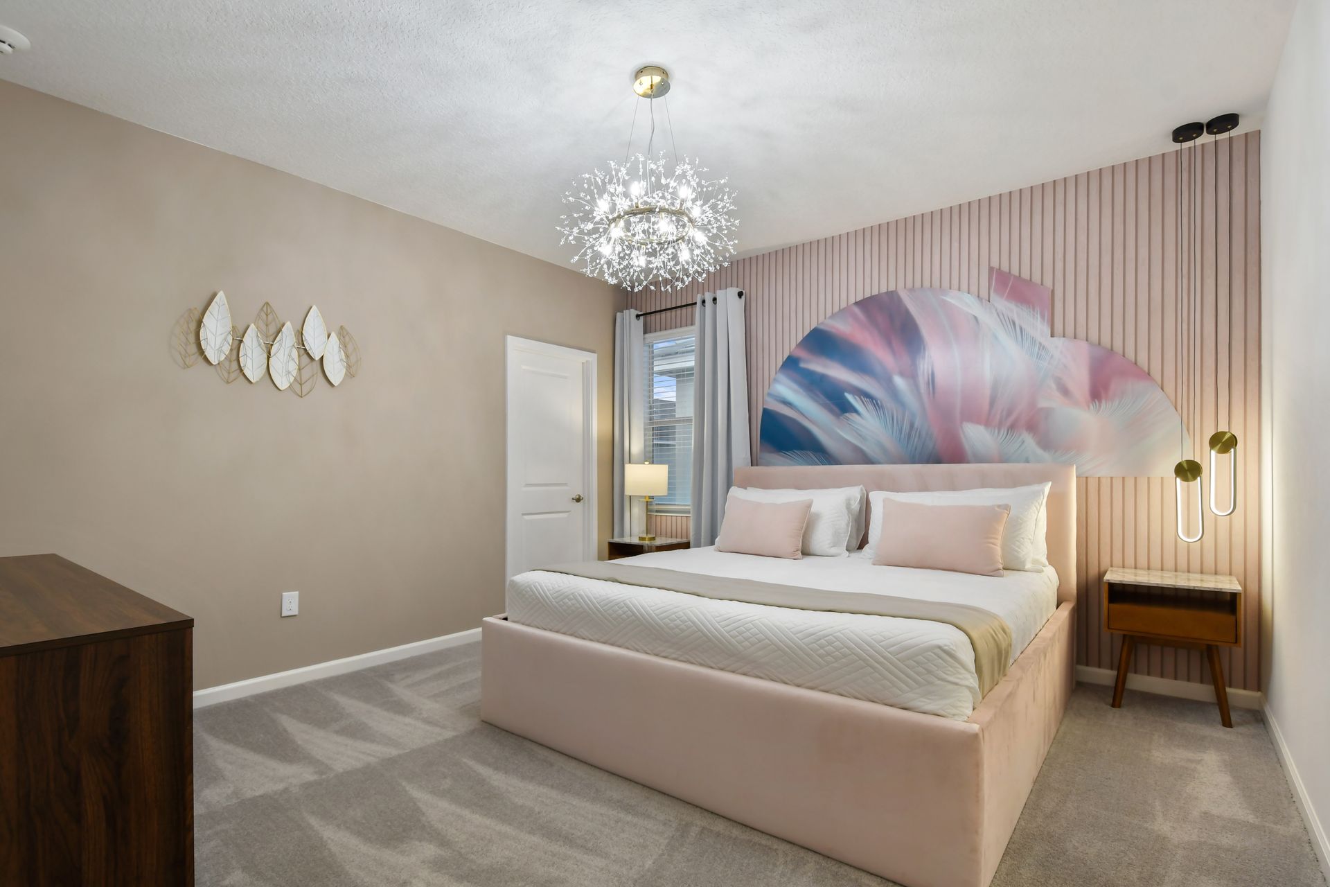 Serene bedroom with soft pastel tones, chic lighting, and modern decor—relax in style