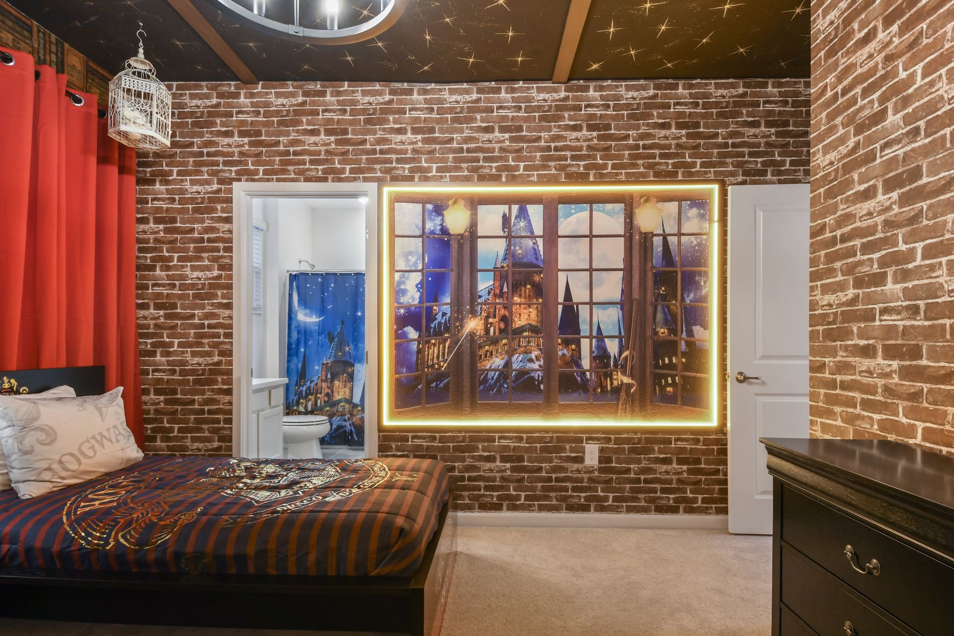 Wizard-themed bedroom with brick walls, spellbinding decor, and cozy beds—magical stay