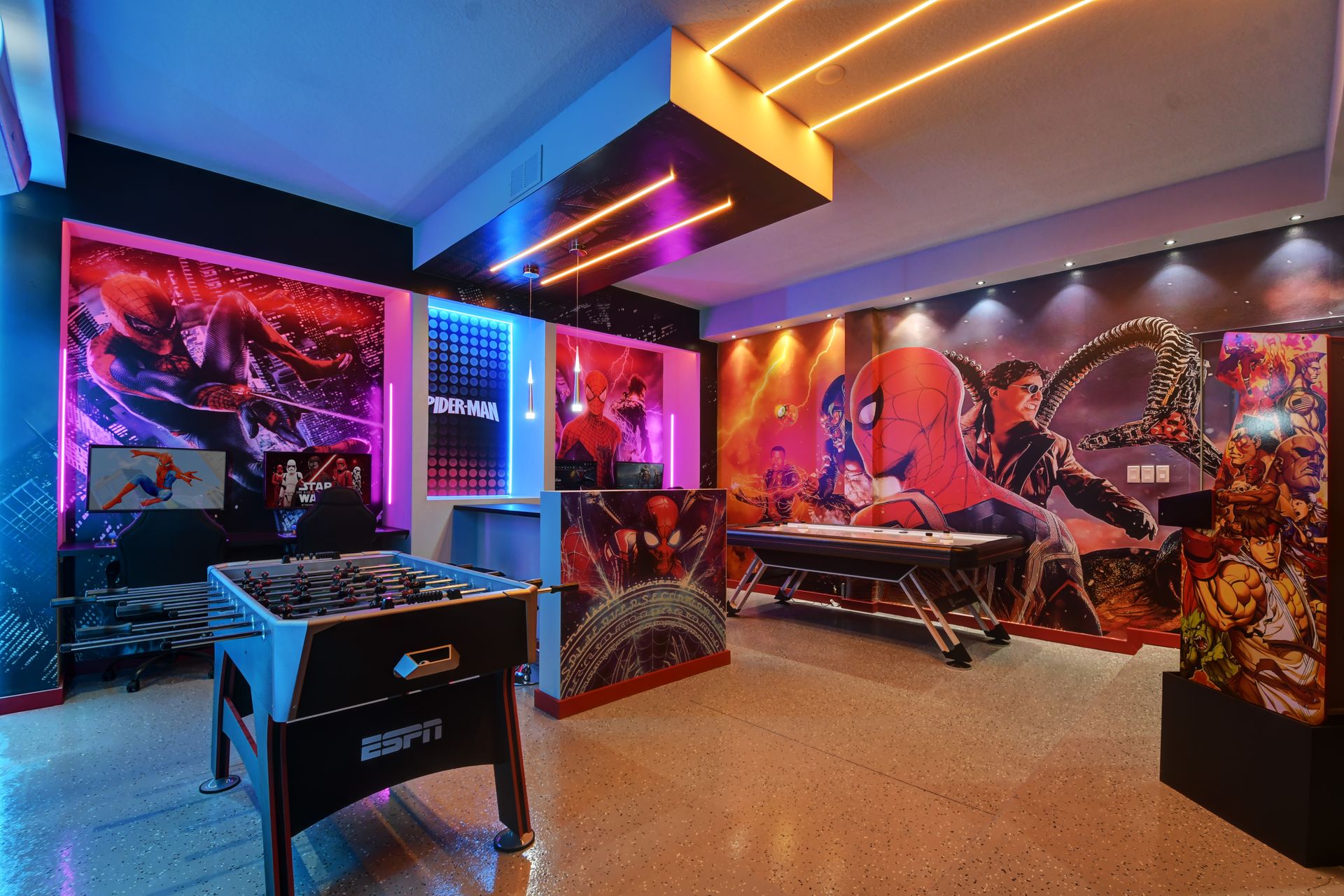 Epic game room with Spiderman murals, neon lighting, and arcade-style fun.