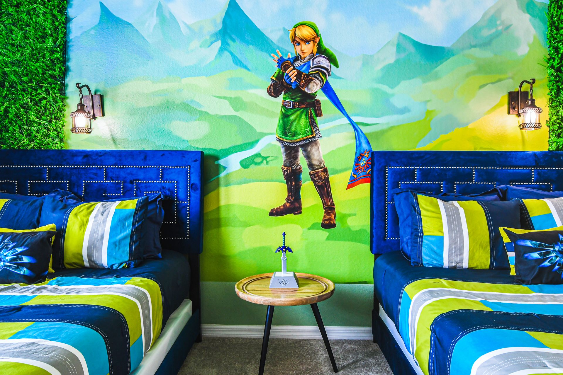 Adventure-inspired bedroom with bold colors and iconic decor