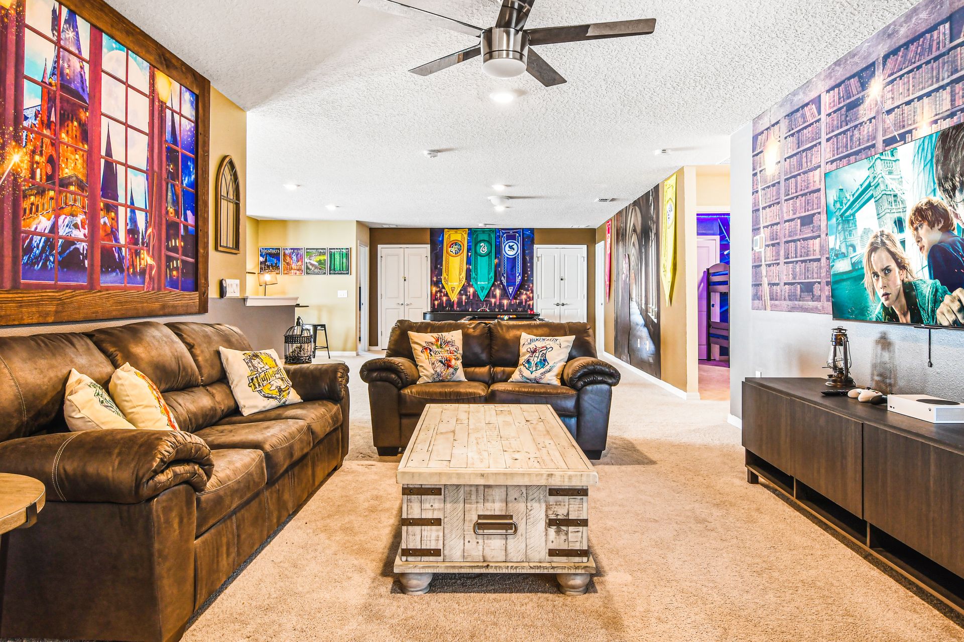 Enchanting movie lounge with themed decor and cozy seating area