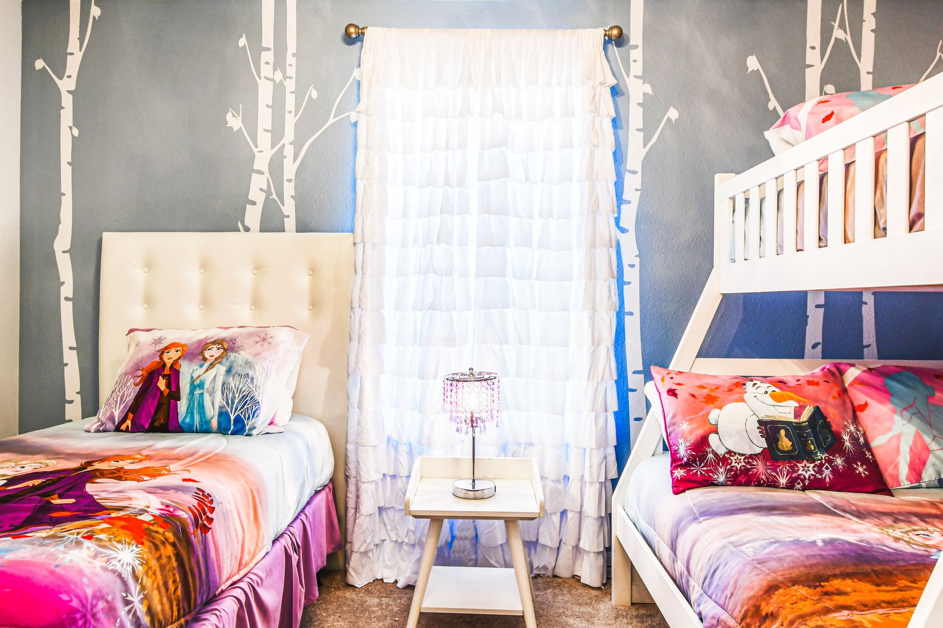 Cozy Frozen-themed bedroom with charming decor and soft lighting