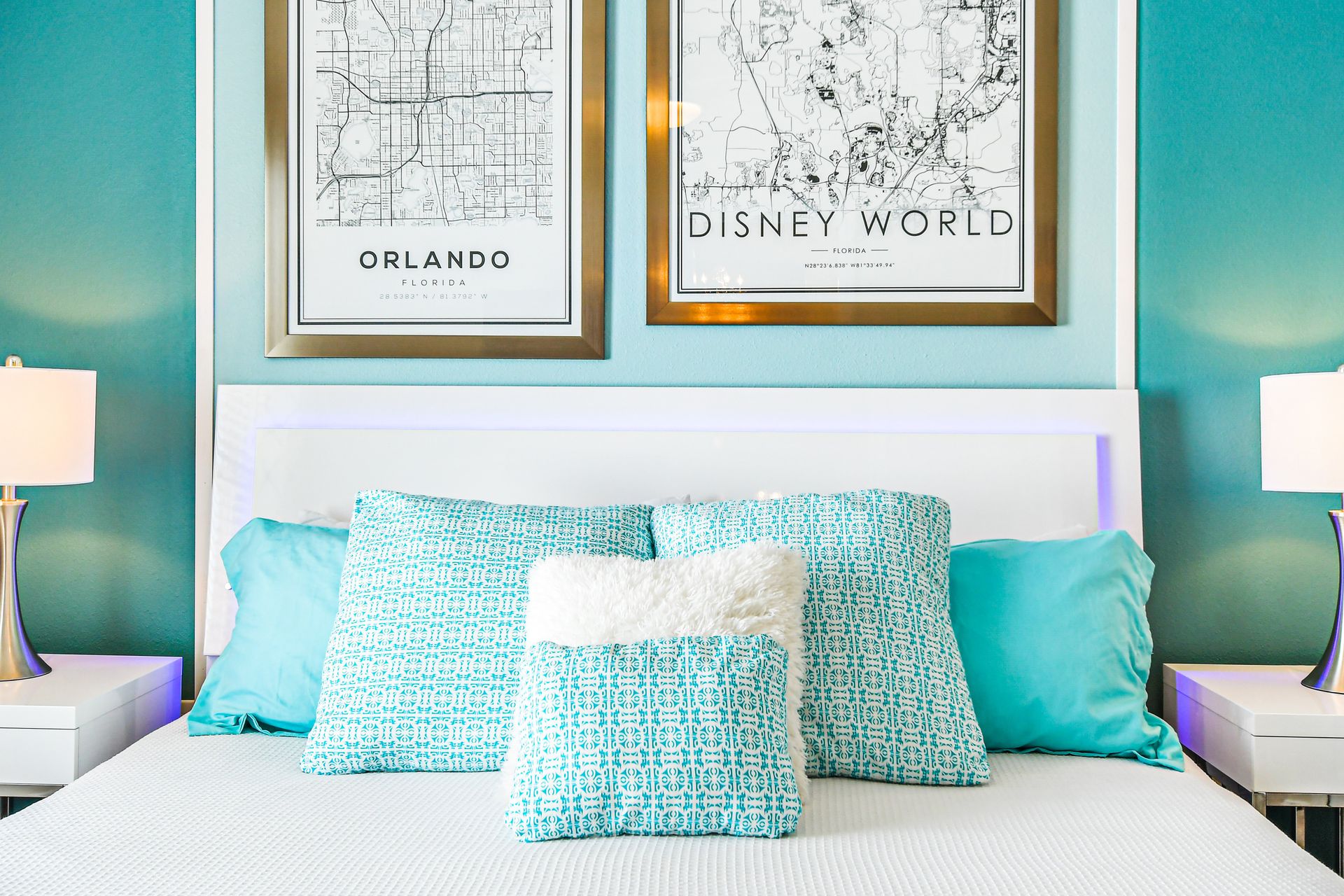Modern bedroom with coastal vibes and Disney-inspired decor