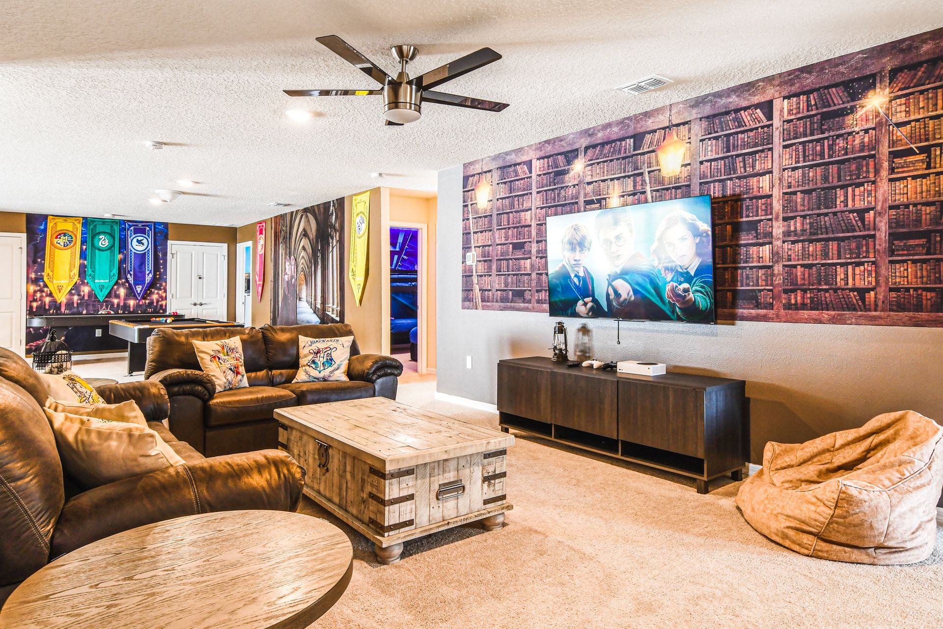 Themed lounge with cozy seating, games, and magical decor fun