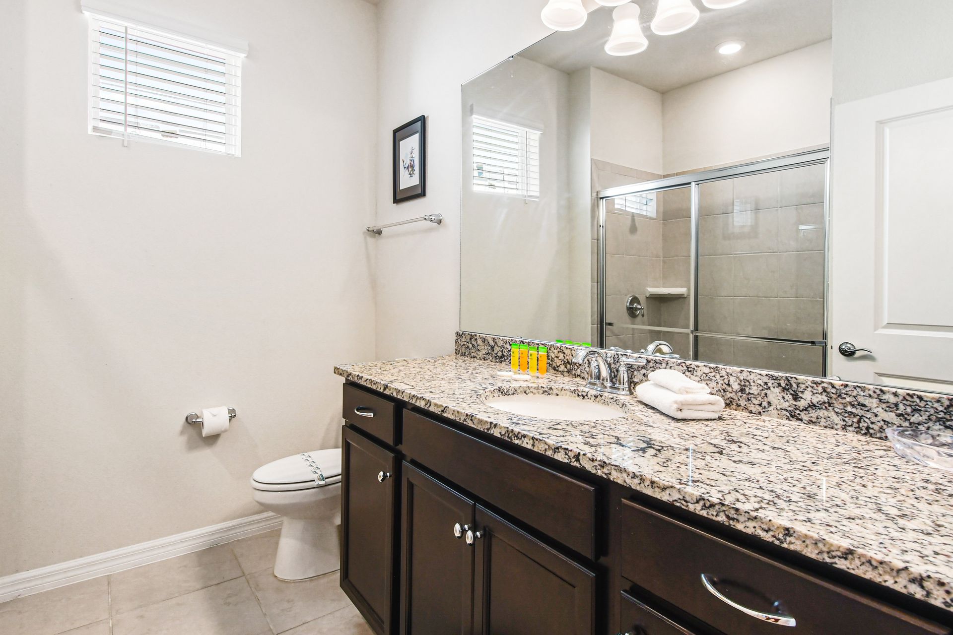Modern bathroom with granite counters and a walk-in shower.