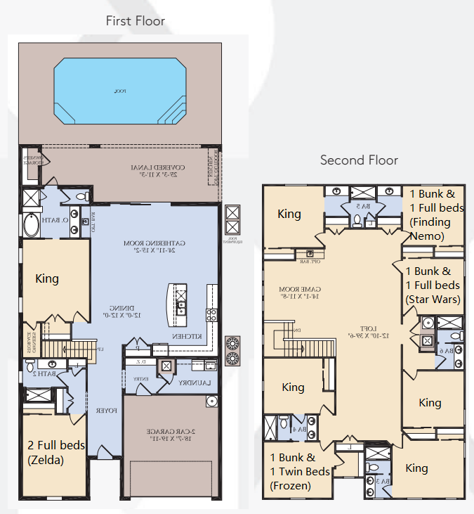 Spacious 6-bedroom layout: themed rooms, king beds, and a private pool.