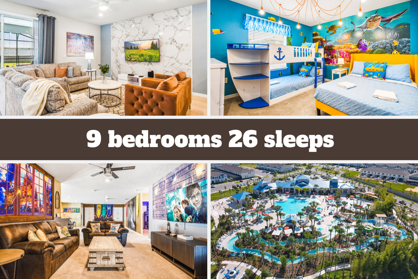 Luxury 9BR villa sleeps 26, themed rooms, resort pool, and top-tier amenities