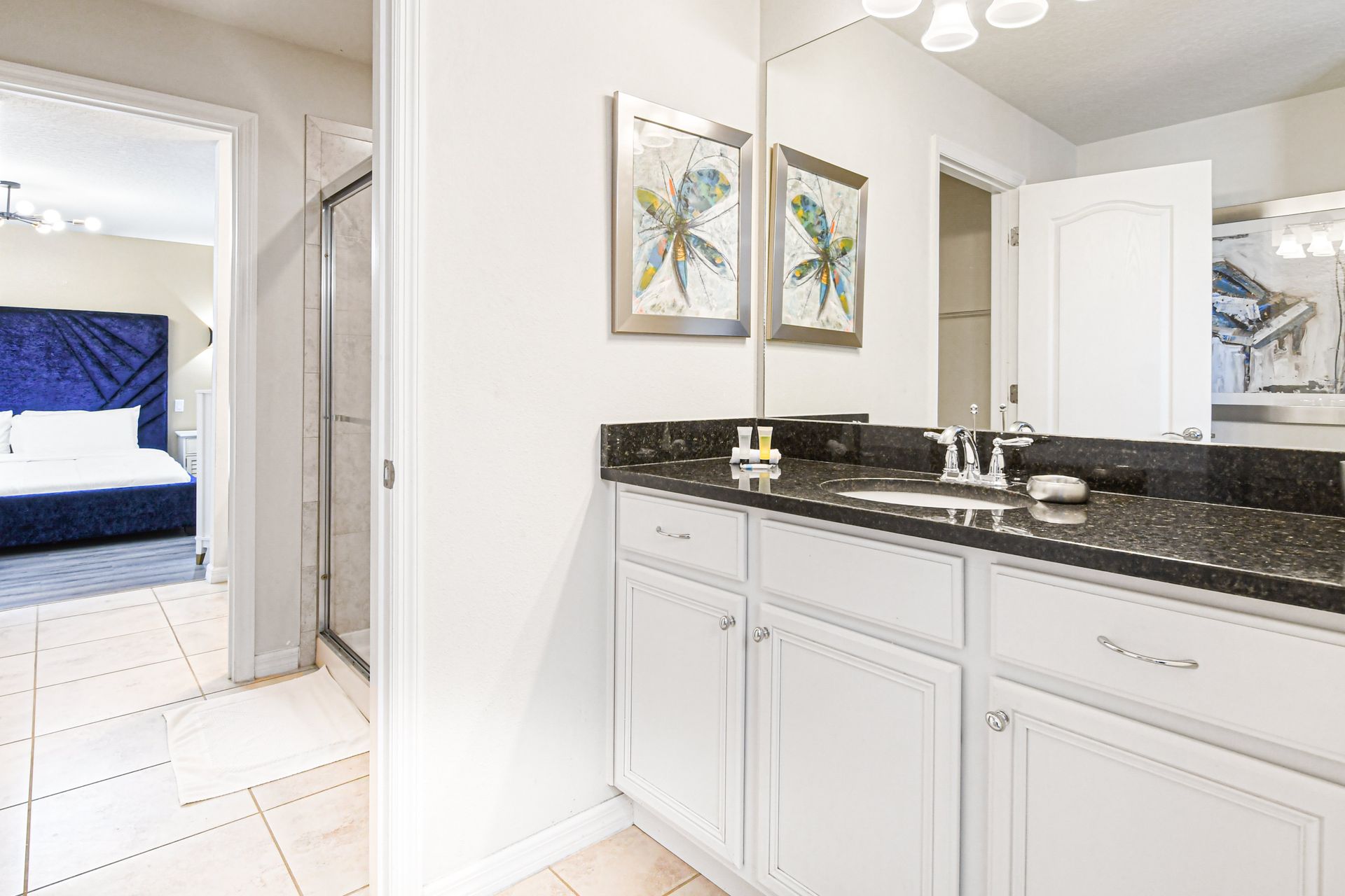 Bright, modern bathroom with granite vanity, walk-in shower, and elegant details.