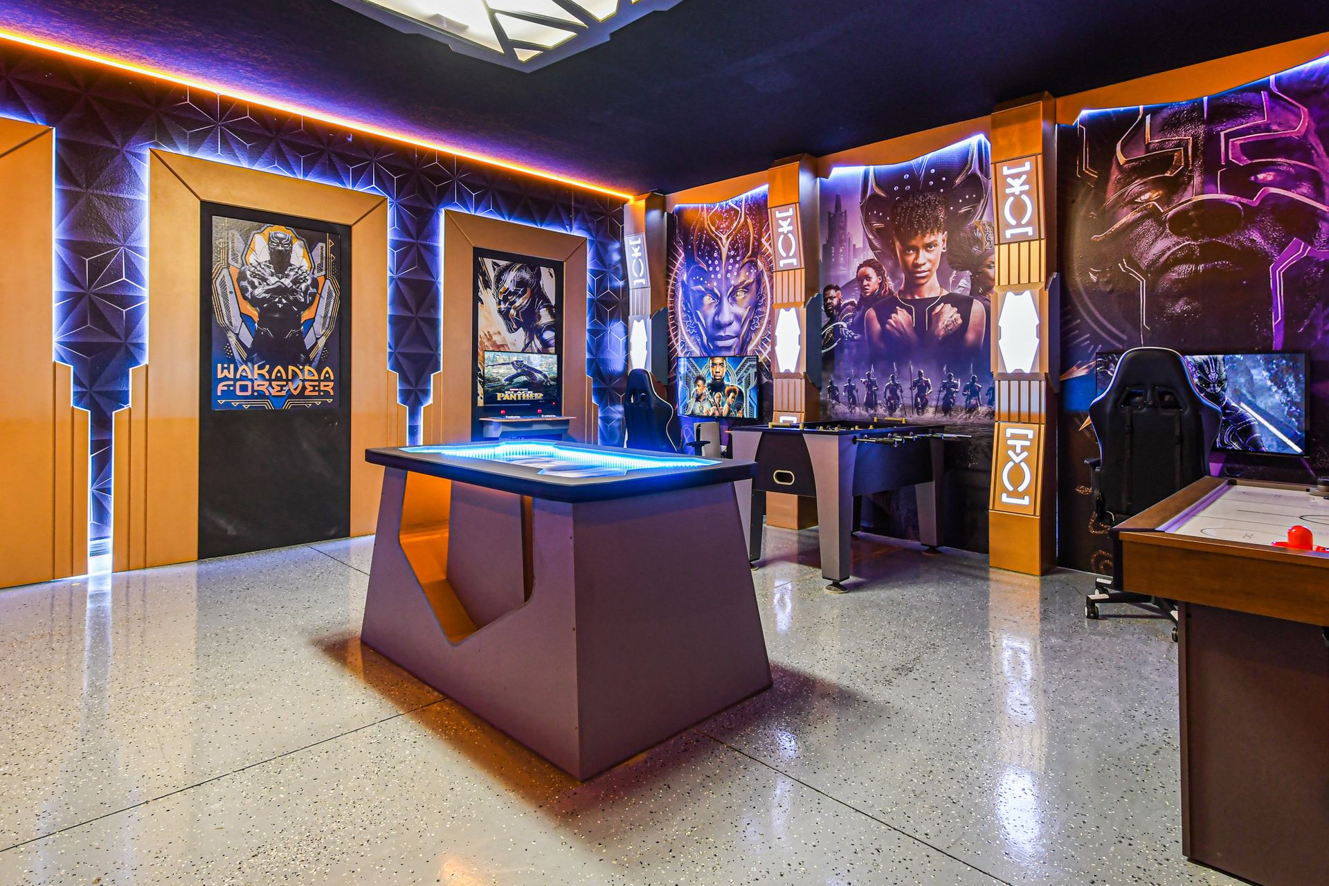 Enjoy playing games in our stylishly furnished Wakanda Forever theme game room