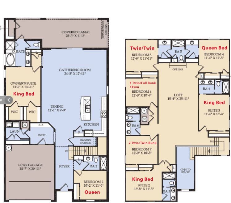 Spacious 7-bedroom villa with king suites, themed bunks, and open living space.