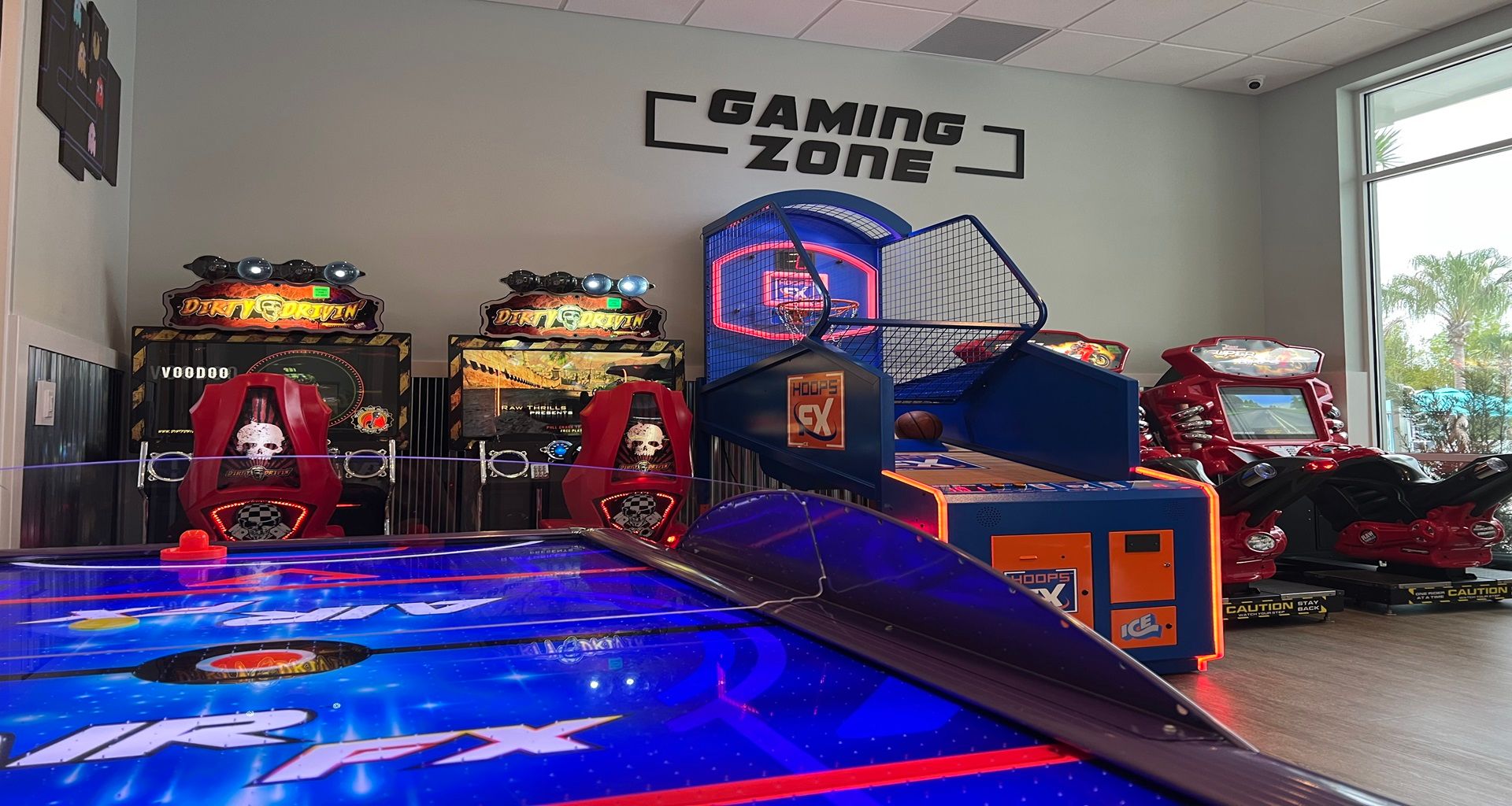 Onsite arcade with air hockey, racing, basketball, and action-packed fun for all.