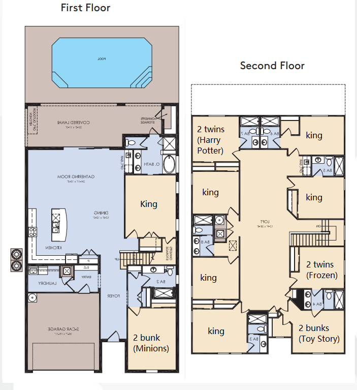 Themed 9BR villa with pool, 6 kings, kids' rooms, and spacious gathering areas.