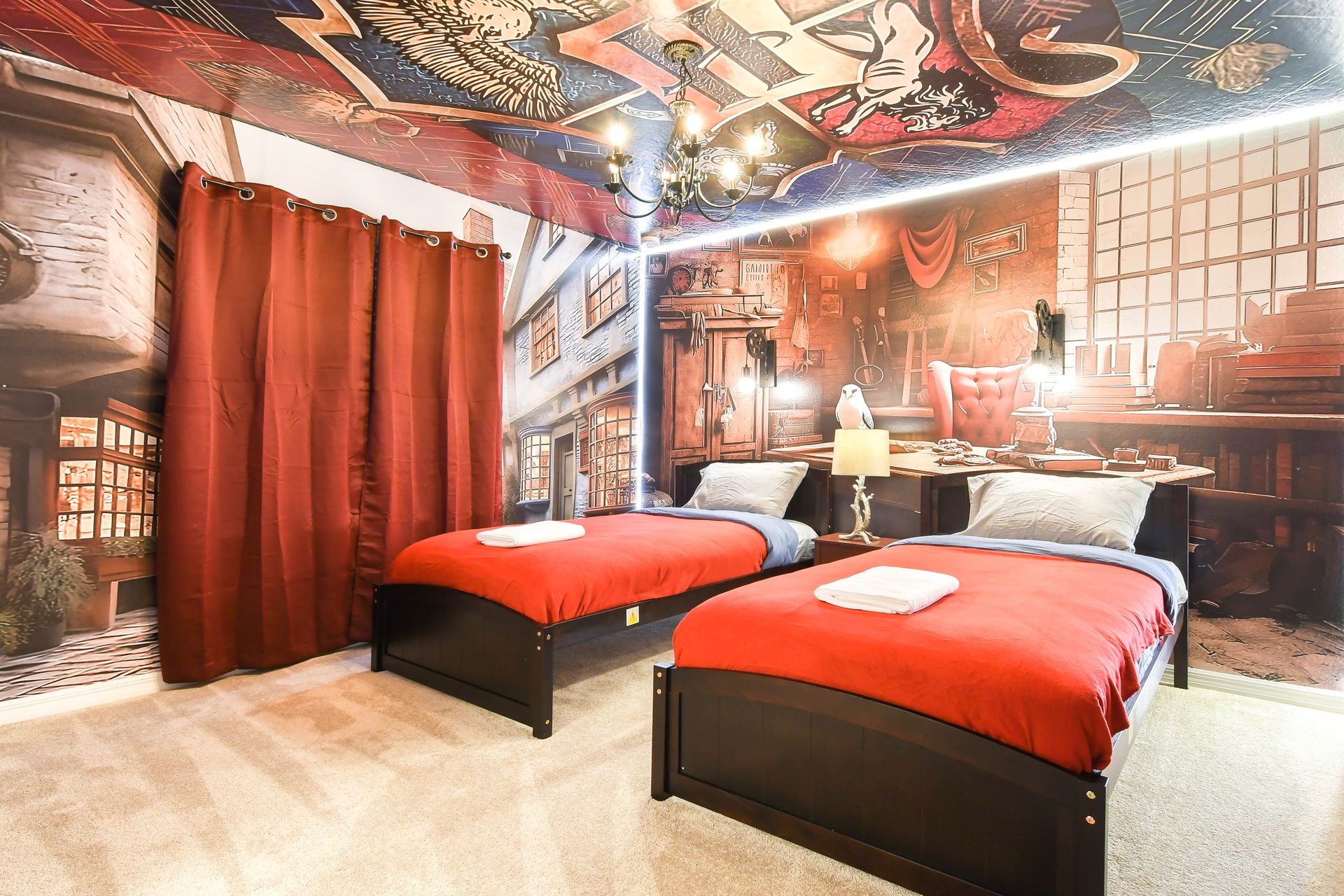 Wizard-inspired twin bedroom with enchanted murals, magical details, and cozy charm.