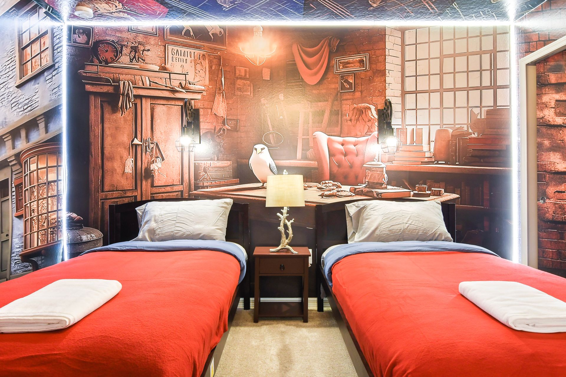 Wizard-inspired twin bedroom with enchanted murals, magical details, and cozy charm.