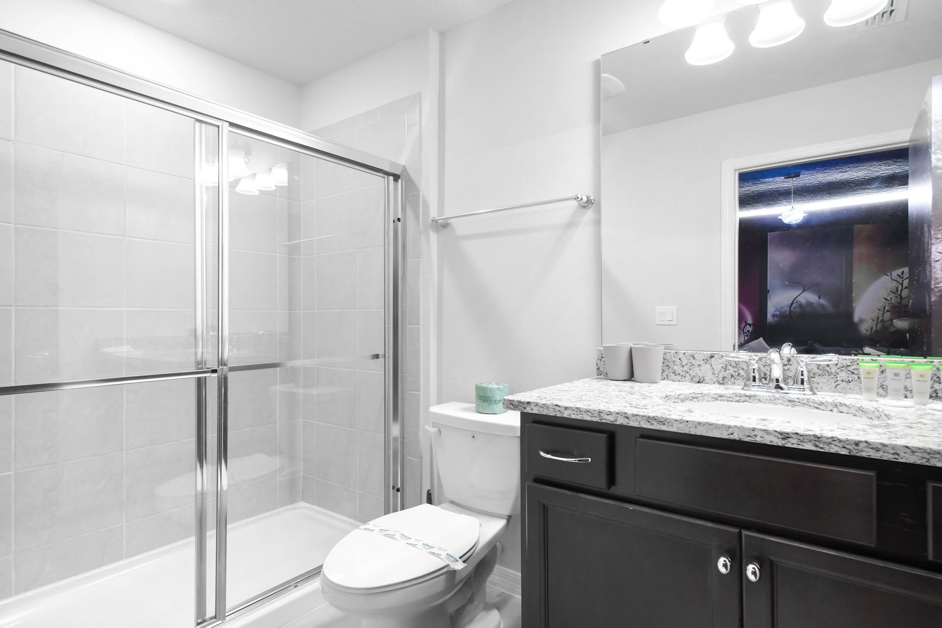Modern full bathroom with granite vanity, glass walk-in shower, and sleek finishes.