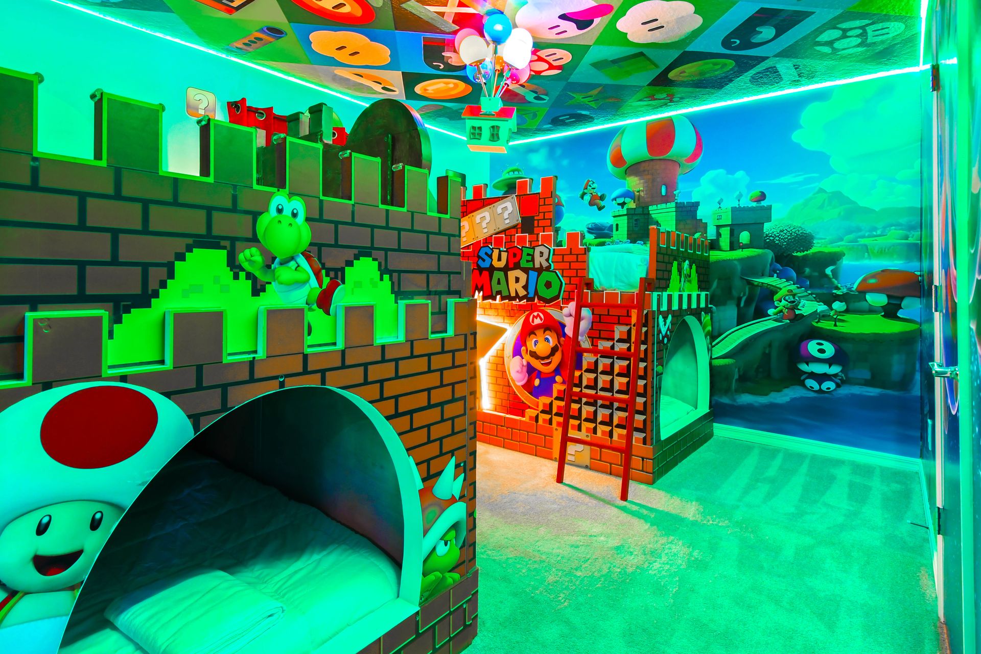 Immersive Super Mario-themed bedroom with bunk beds, ladders, and bright decor.