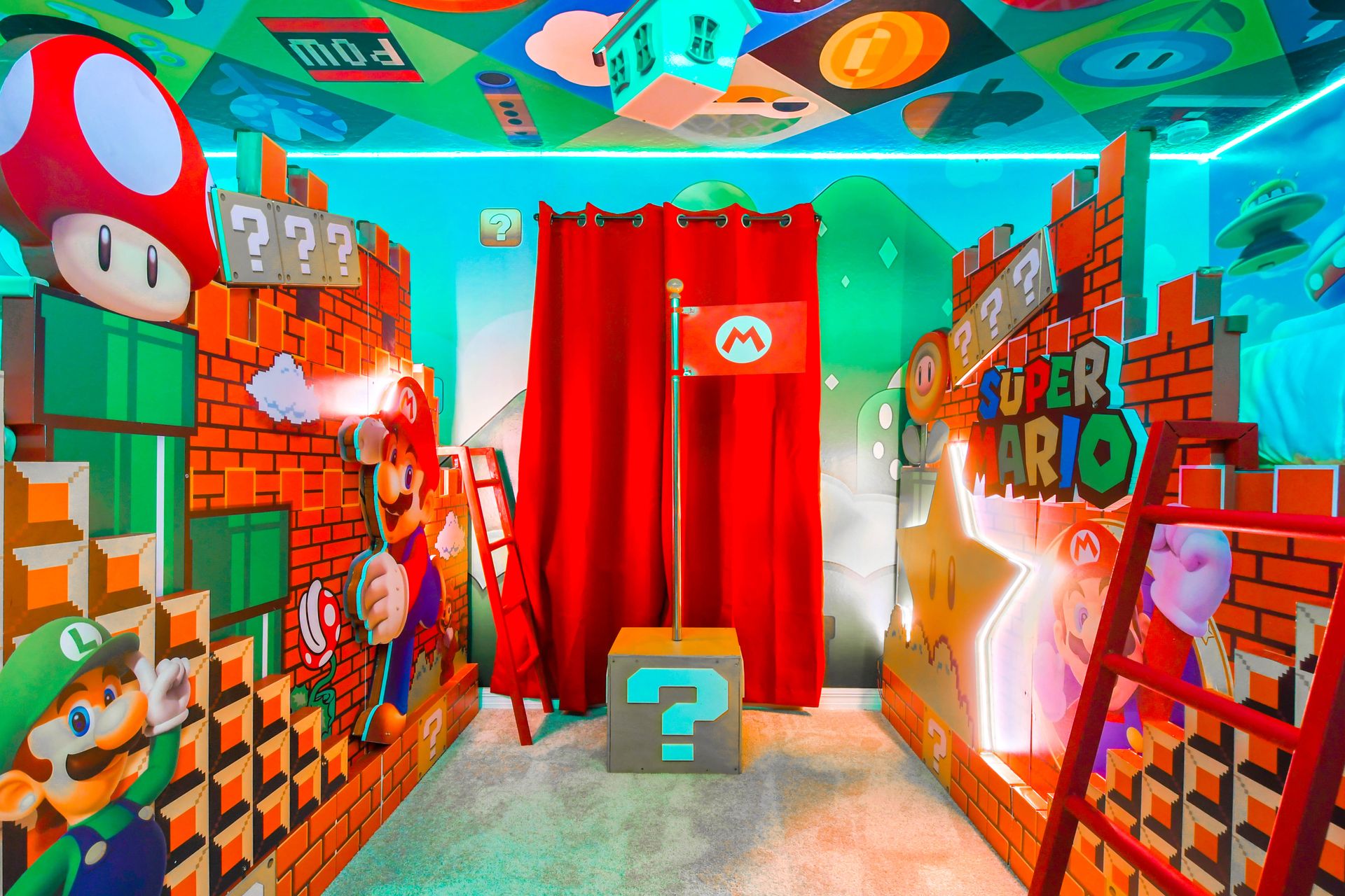 Immersive Super Mario-themed bedroom with bunk beds, ladders, and bright decor.