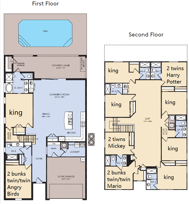 Spacious 9BR villa w/ themed kids' rooms, private pool, loft, and multiple king suites.