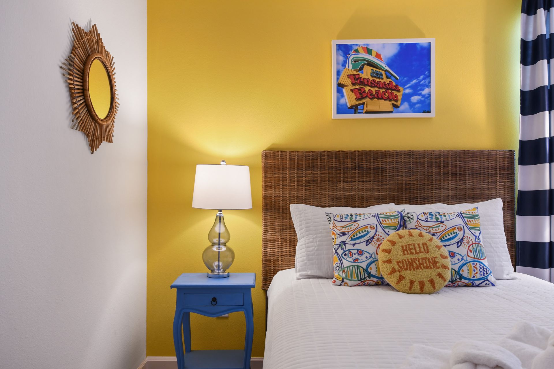 Sunny coastal retreat with vibrant decor and beachy vibes—pure relaxation awaits!