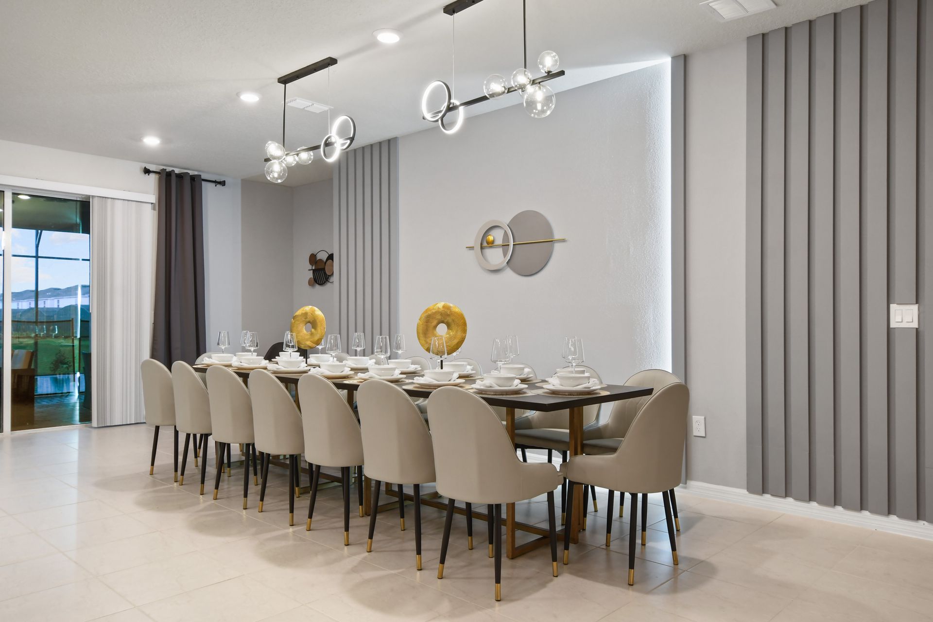 Dine elegantly in a chic, modern space featuring luxe seating and sleek décor.
