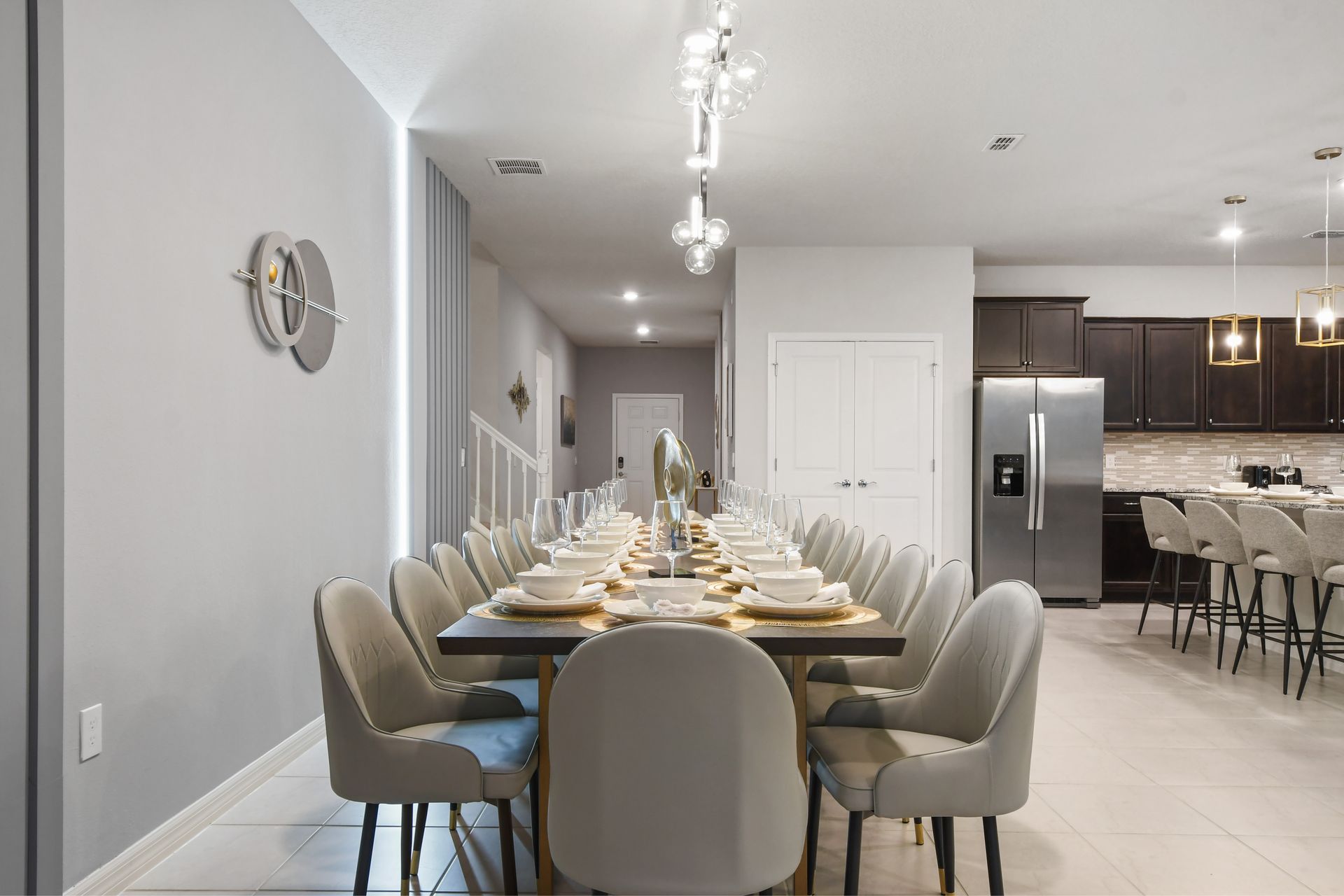 Sophisticated dining area with luxurious seating for large gatherings and events.