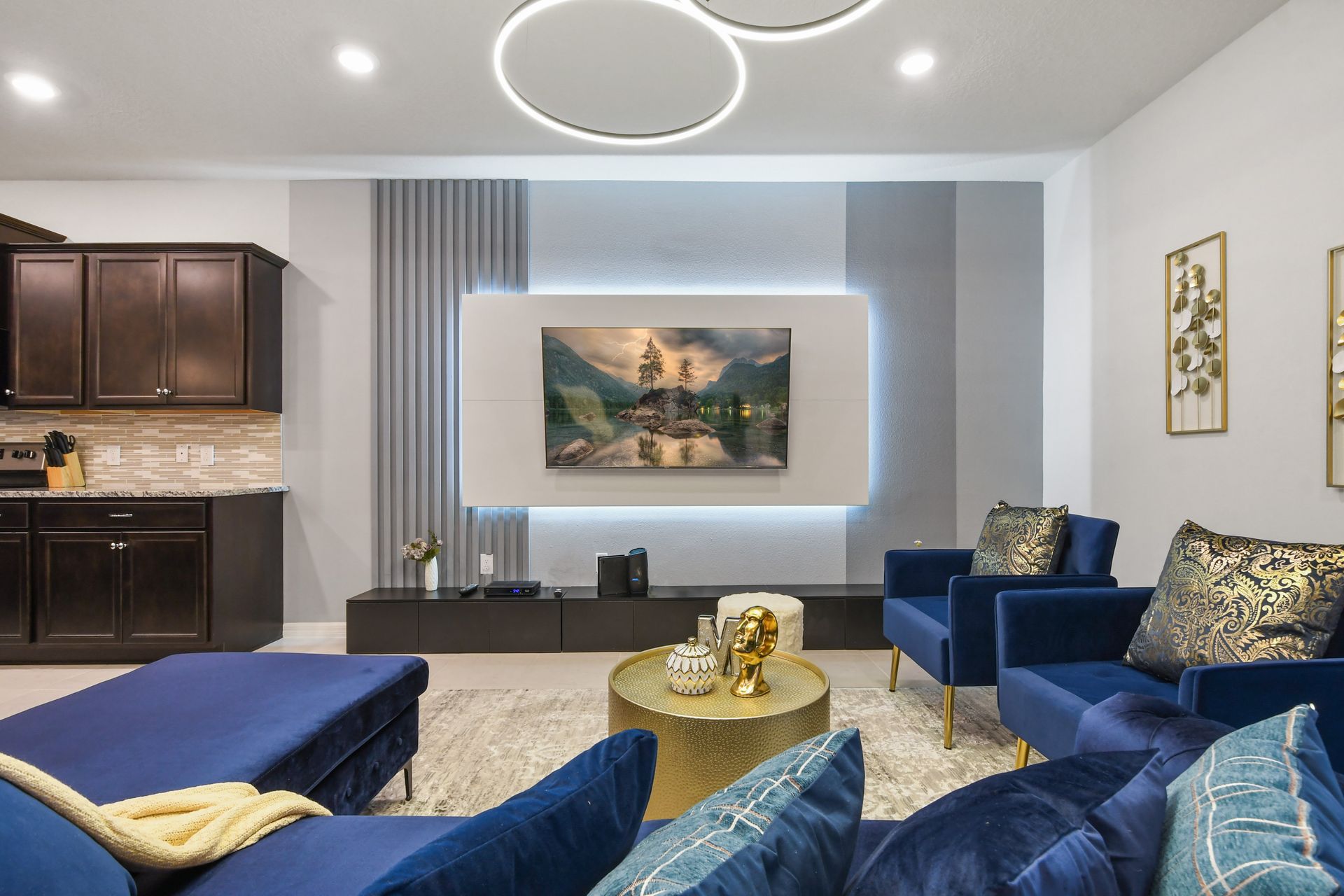 Sophisticated open-plan living area, sleek decor, inviting for cozy gatherings.