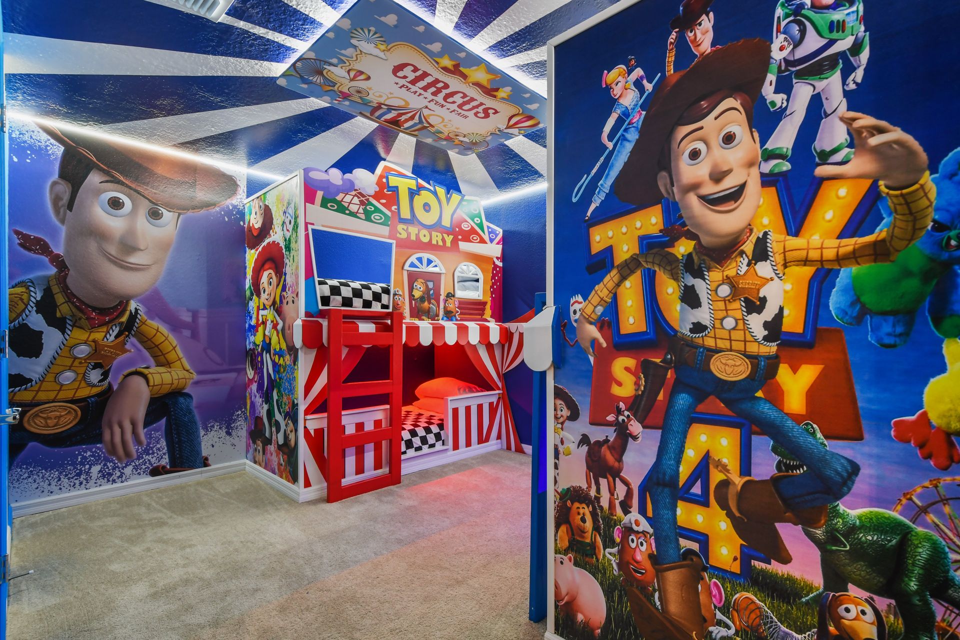 Adventure awaits in this vibrant Toy Story room with fun circus-style bunk beds.