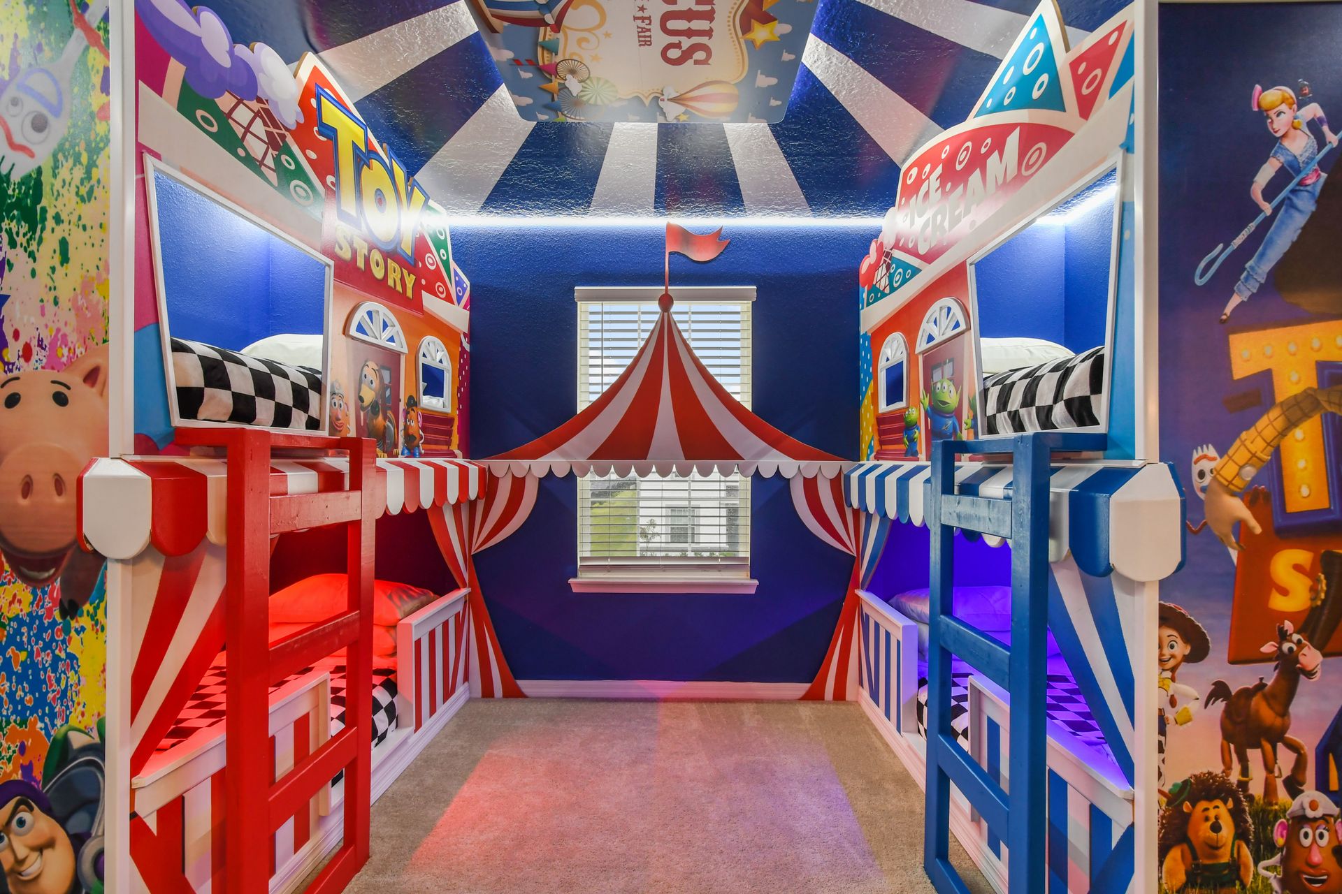 Whimsical Toy Story carnival bunk room bursting with color, fun, and imagination.