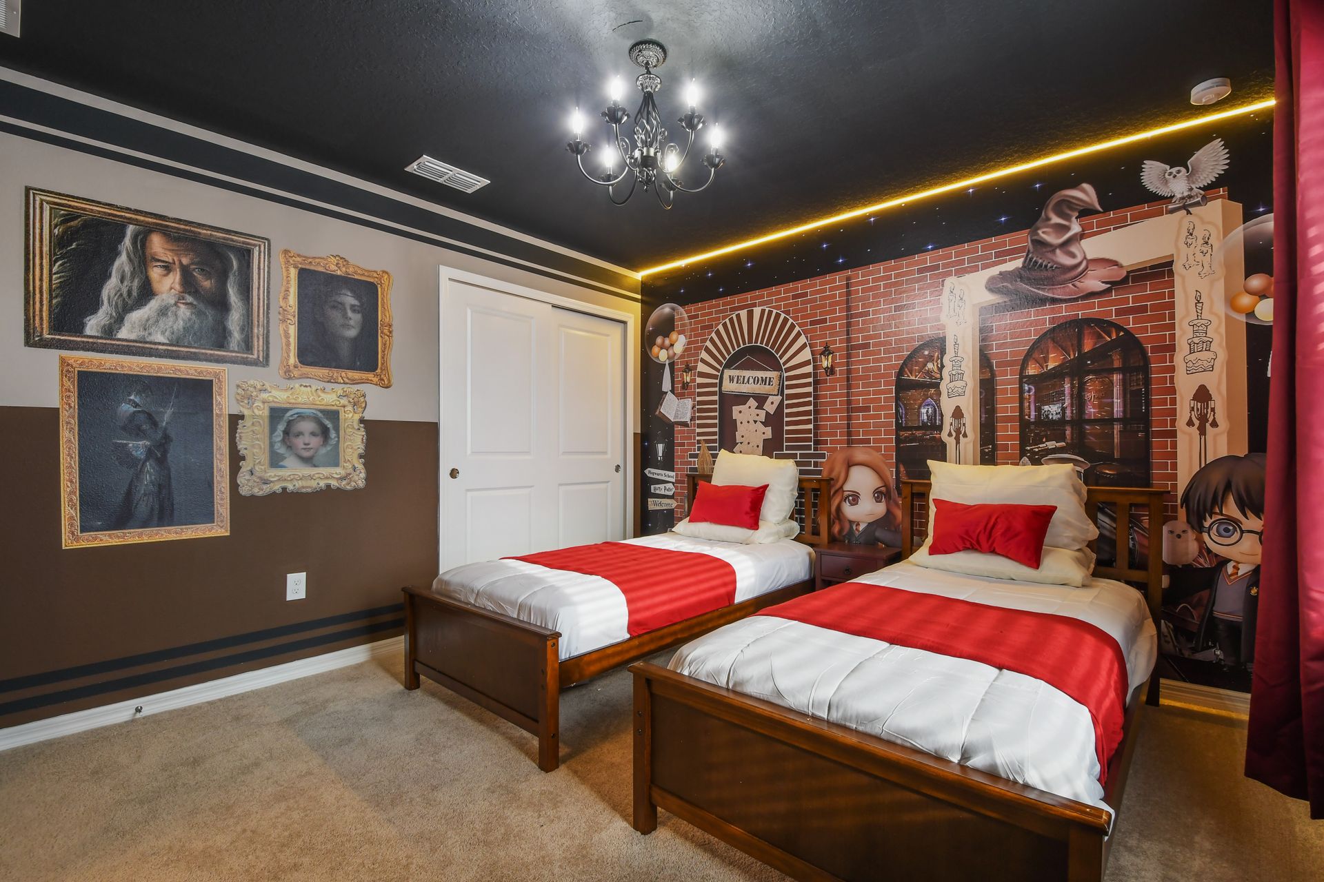 Spellbinding twin room with enchanting Hogwarts mural and magical charm.