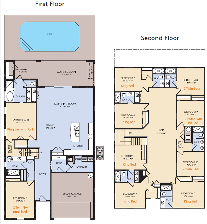 Spacious floor plan with 9 bedrooms, game room, and more.