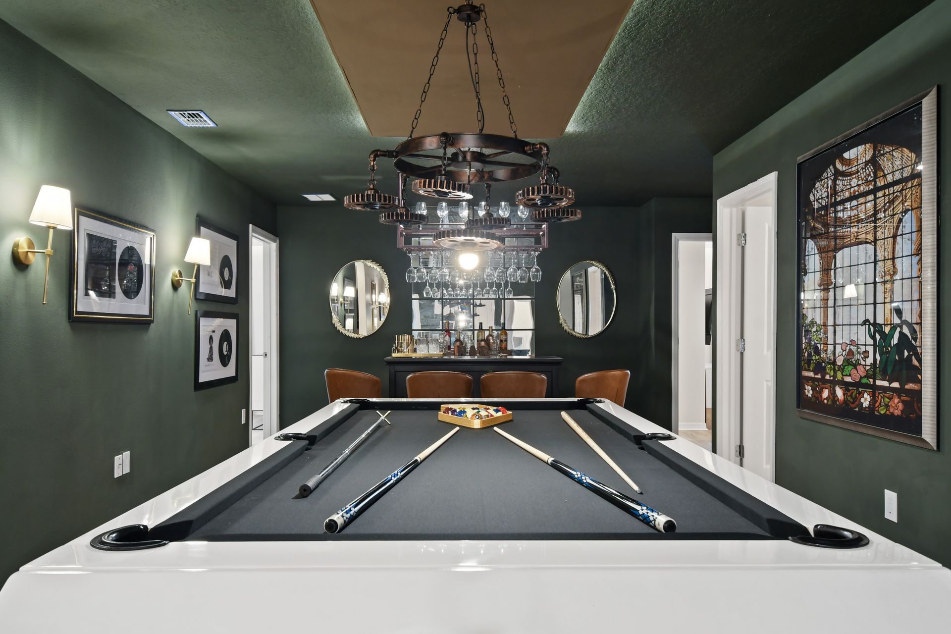 Stylish billiards lounge with speakeasy bar, vintage decor, and classy vibes
