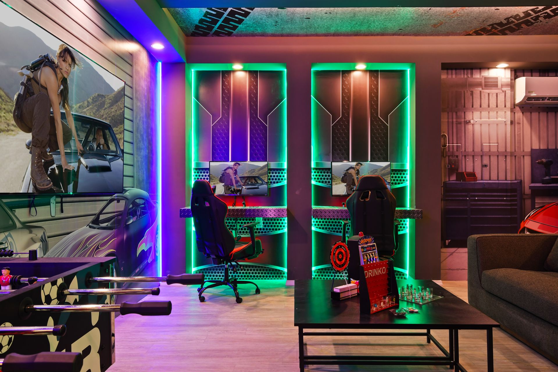Fast & Furious themed gamer’s lounge with neon lights, foosball, and movie vibes
