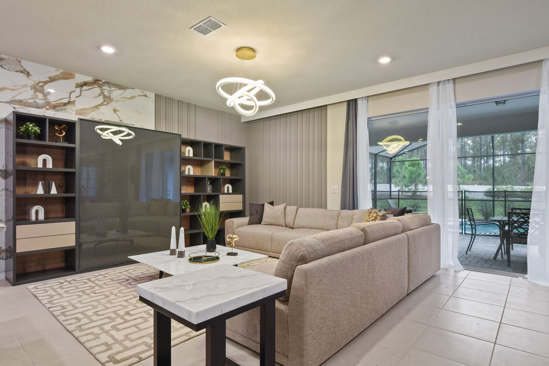 Elegant nook with mirrored console, modern decor, and warm lighting for a cozy vibe.