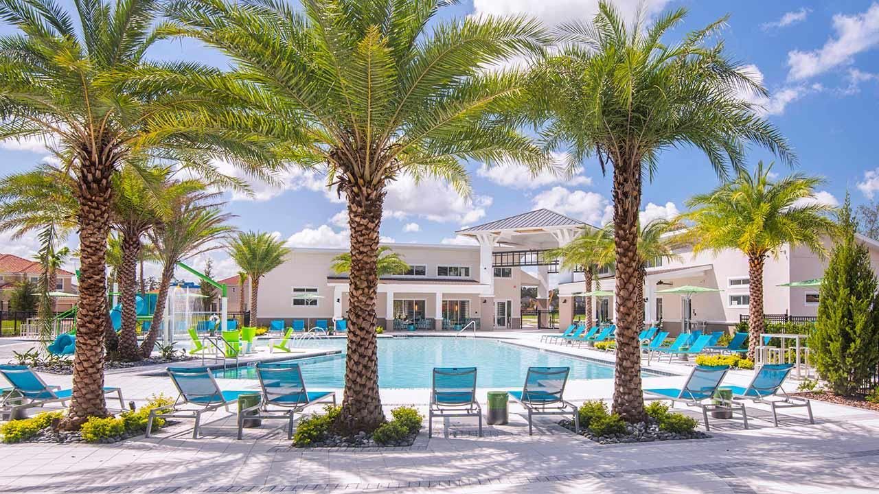 Luxury resort-style pool with palm trees, loungers, and a fun splash zone for all