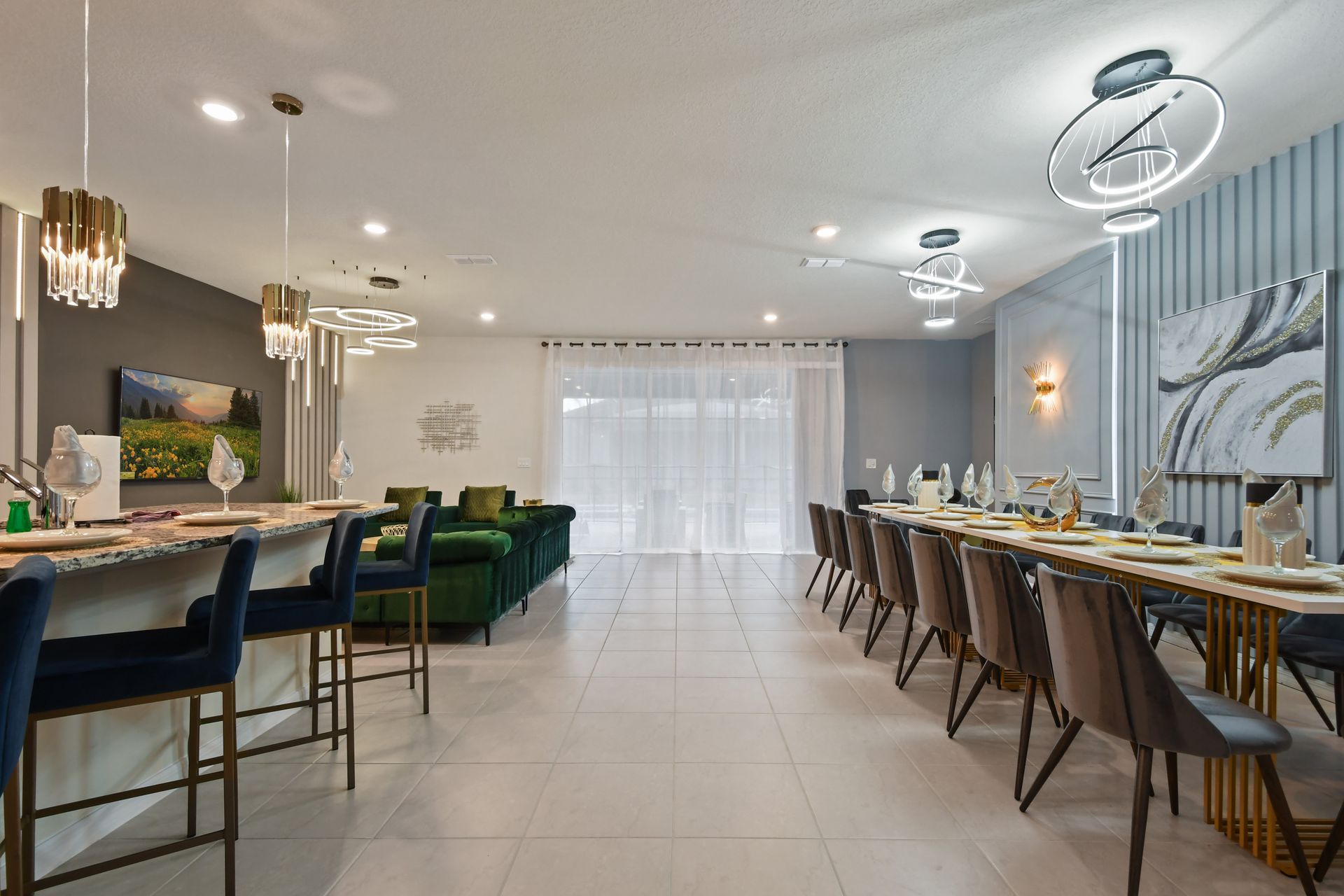 Sophisticated open-concept layout with luxe dining, chic bar seating, and style.
